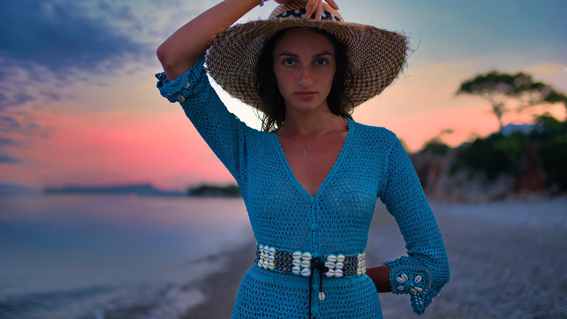 Download wallpaper sea, girl, sunset, nature, shore, hat, brunette ...