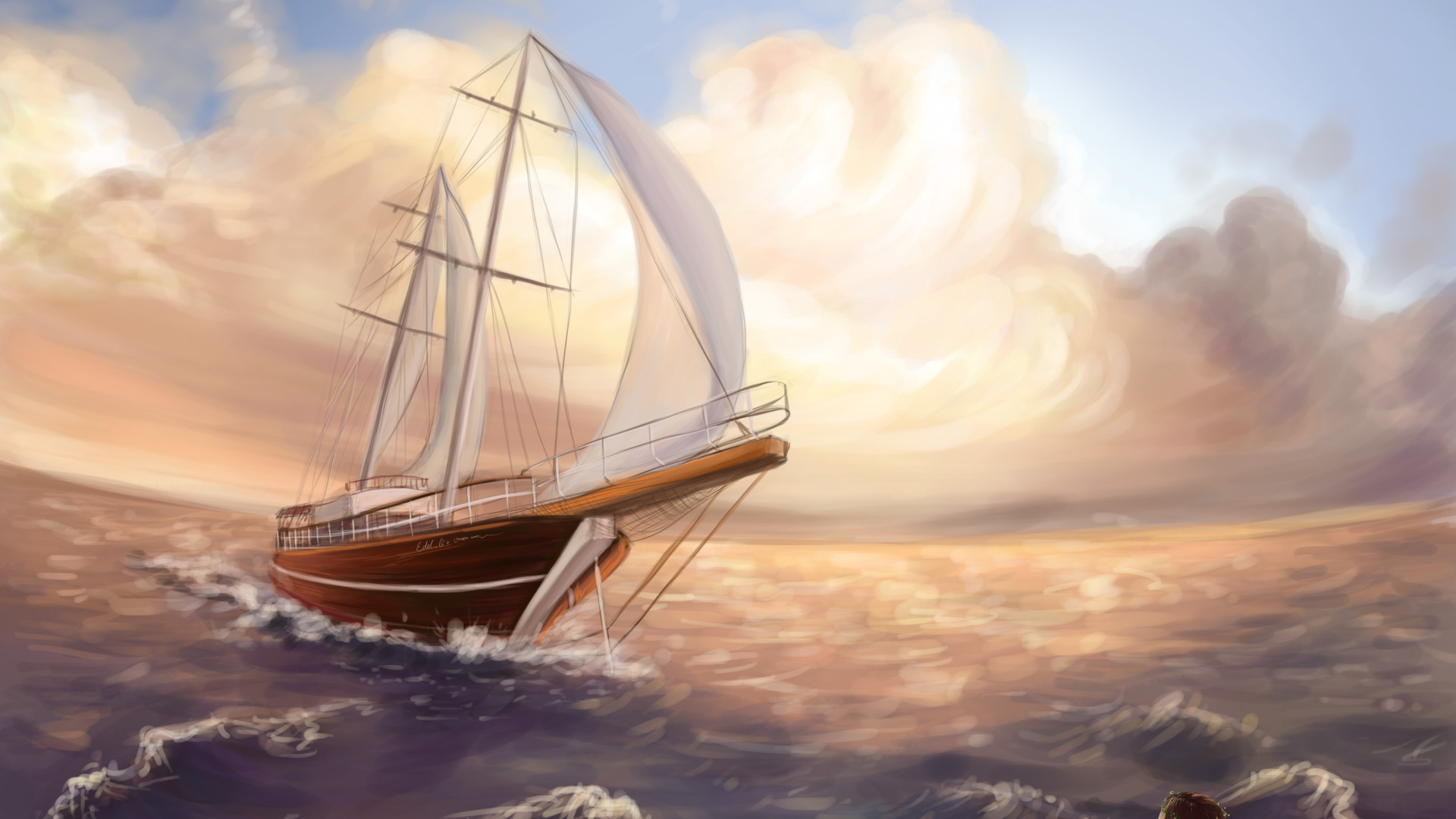 Download wallpaper sea, wave, the sky, clouds, ship, mermaid, art, painting...