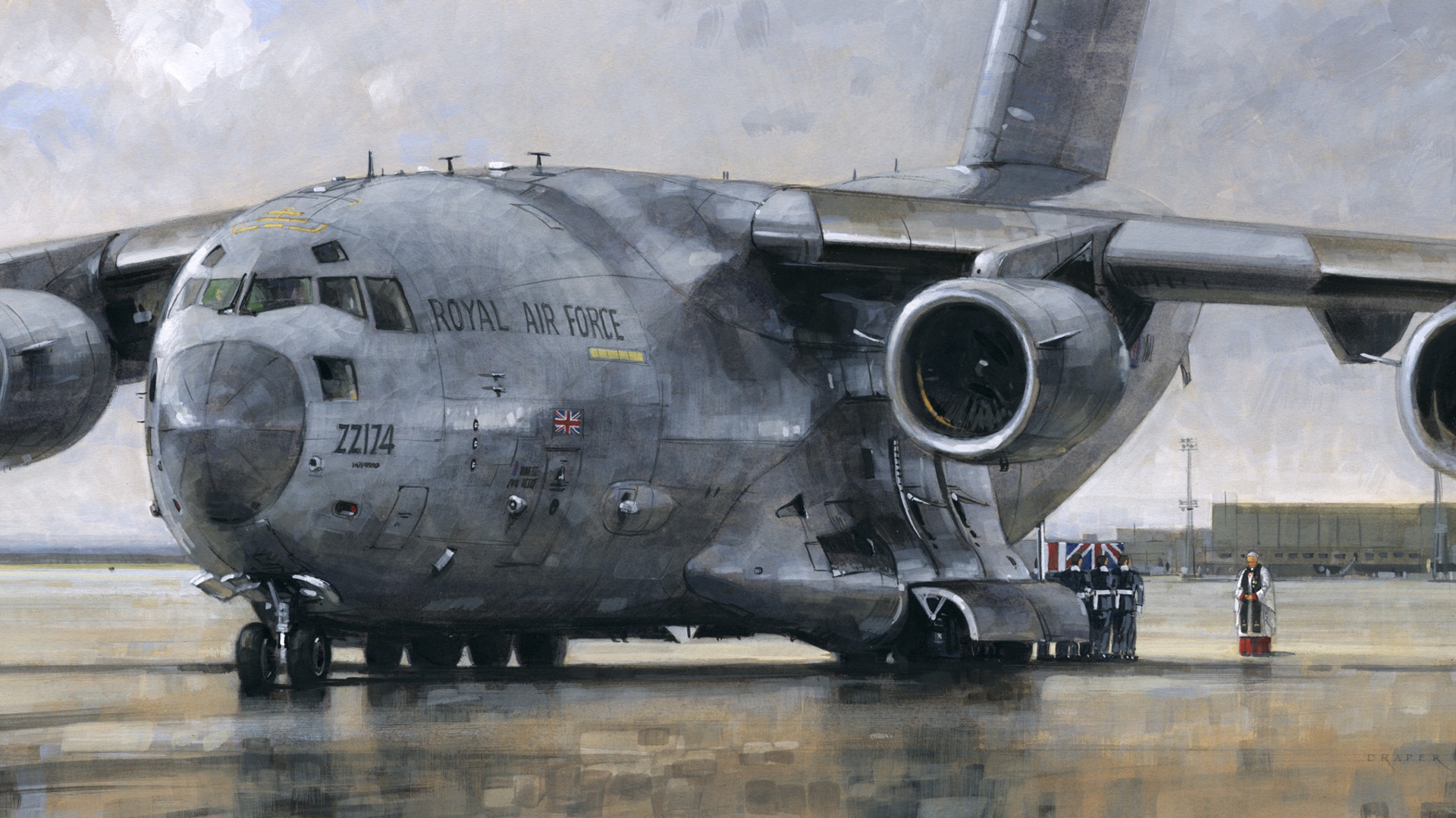 Wallpaper the plane, figure, Boeing, the airfield, the priest, C-17  Globemaster, military transport, the ceremony for mobile and desktop,  section авиация, resolution 1920x1080 - download