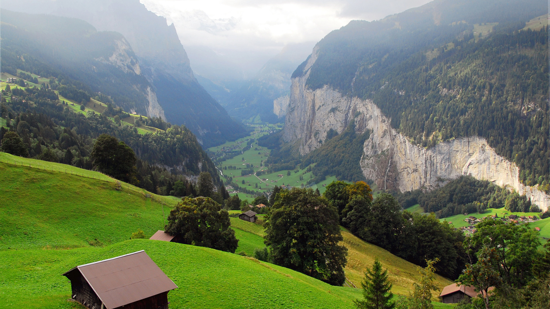 Download wallpaper trees, mountains, rocks, Switzerland, valley, slope ...