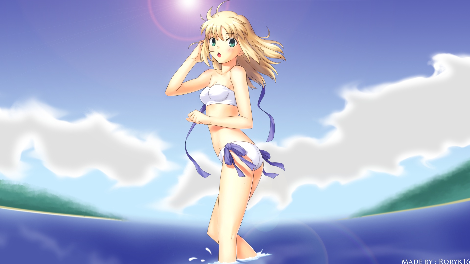 Wallpaper sea swimsuit the sky girl the sun the saber Fate