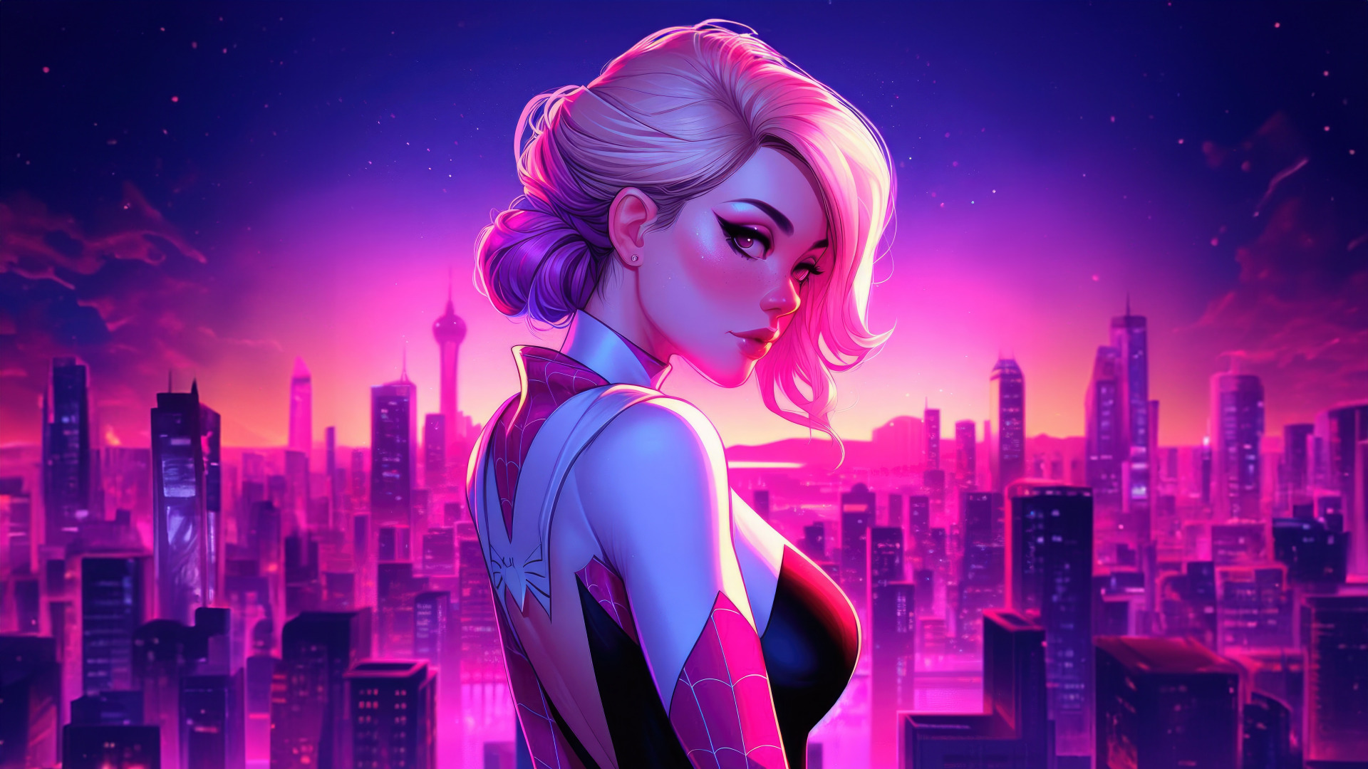 Download wallpaper skyscrapers, gwen stacy, among, section ai art in ...