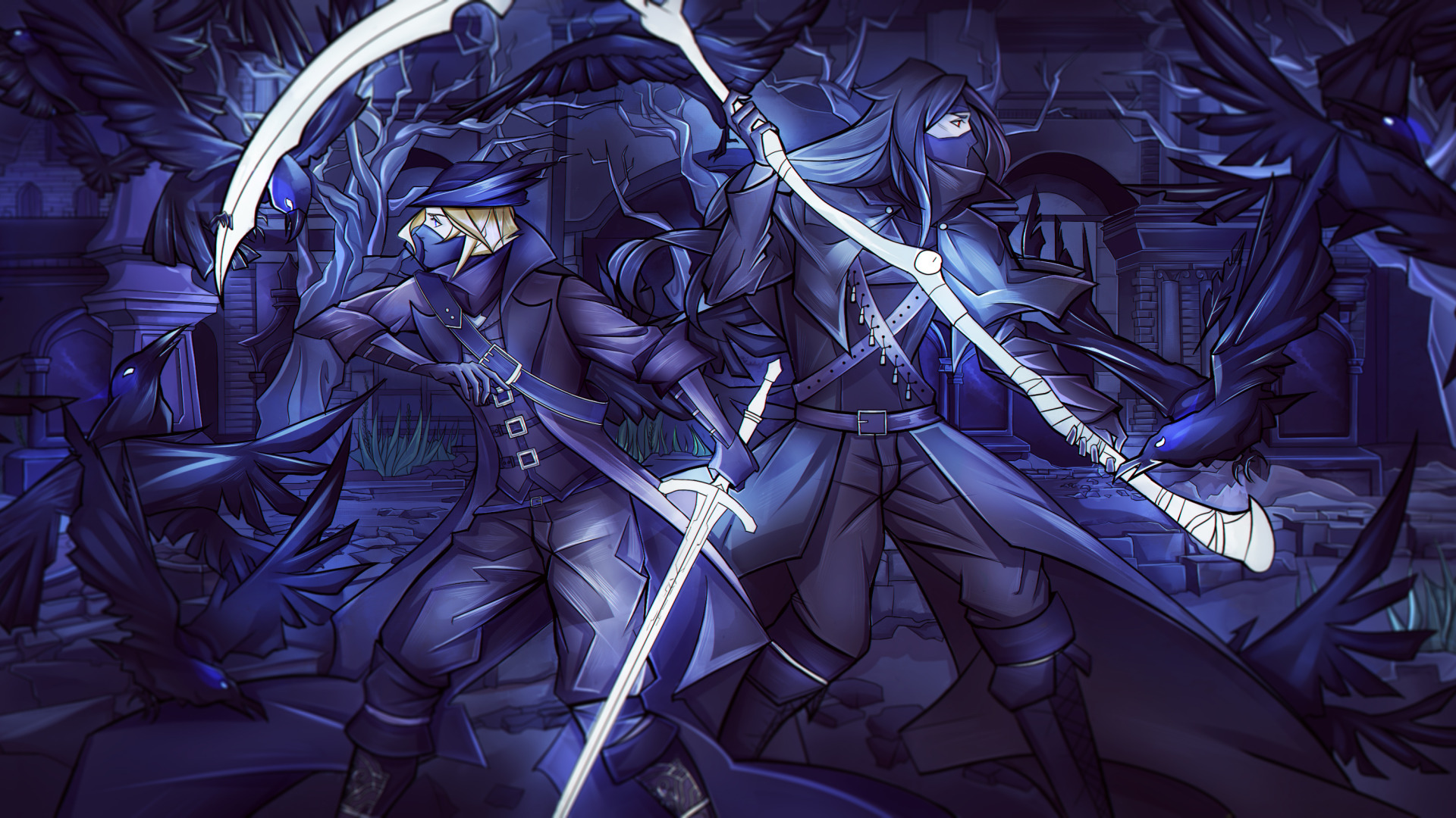 Download wallpaper birds, sword, hat, mask, art, crows, cloak, hunter, sect...