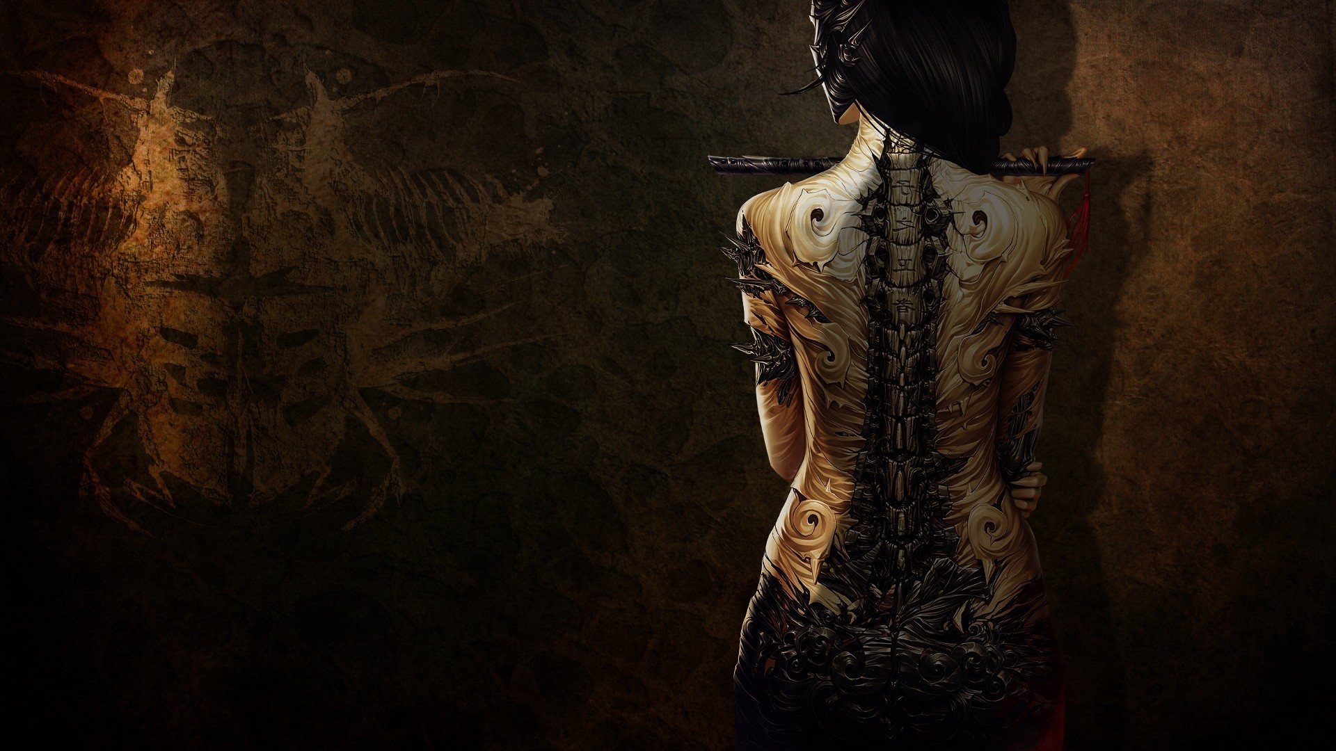 Wallpaper girl, back, tattoo, flute, art for mobile and desktop, section  фантастика, resolution 1920x1080 - download