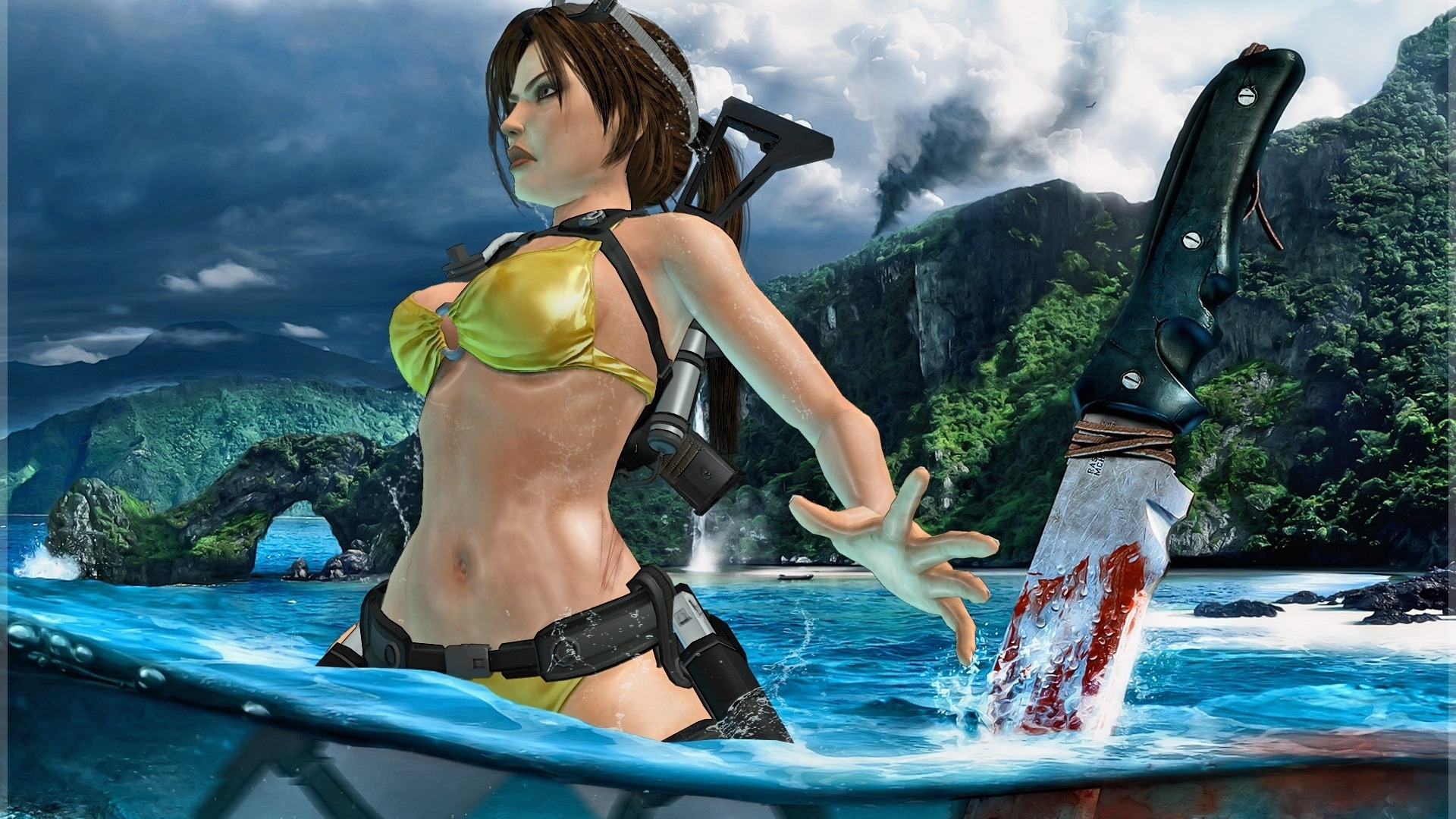 Download wallpaper swimsuit, water, pose, weapons, blood, island, knife, Tomb  Raider, section games in resolution 1920x1080