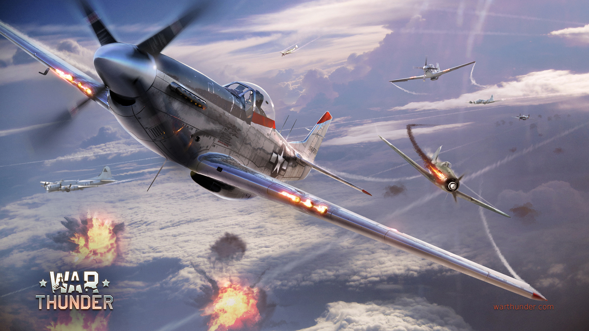 Download Wallpaper The Sky, Clouds, Fire, War, Mustang, Fighter.