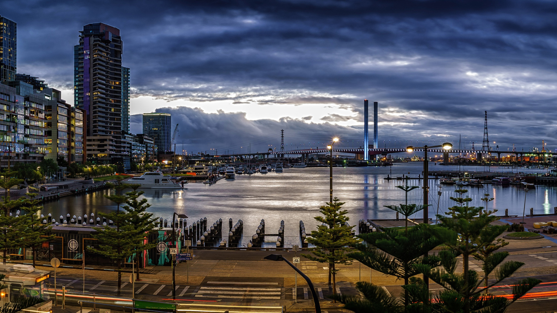 Download wallpaper the sky, clouds, bridge, lights, home, the evening ...