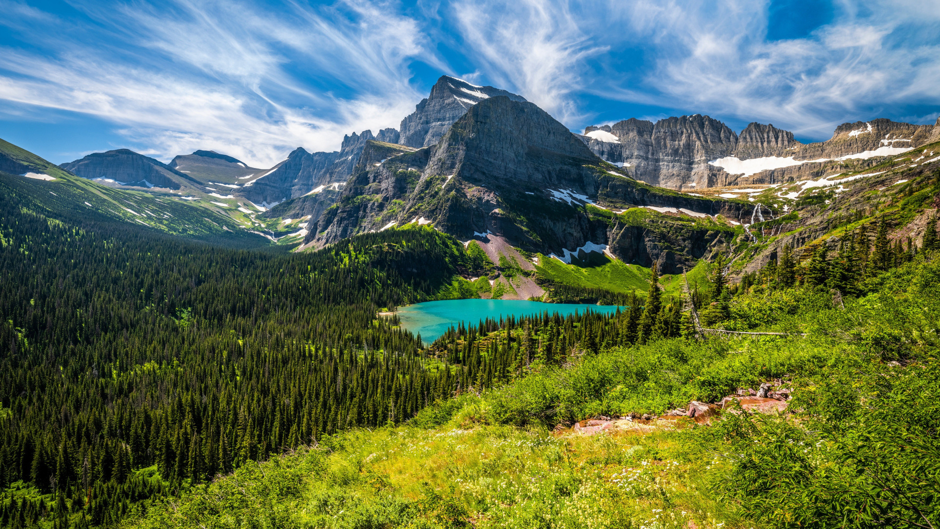 Download wallpaper green, USA, forest, sky, mountains, lake, Glacier ...