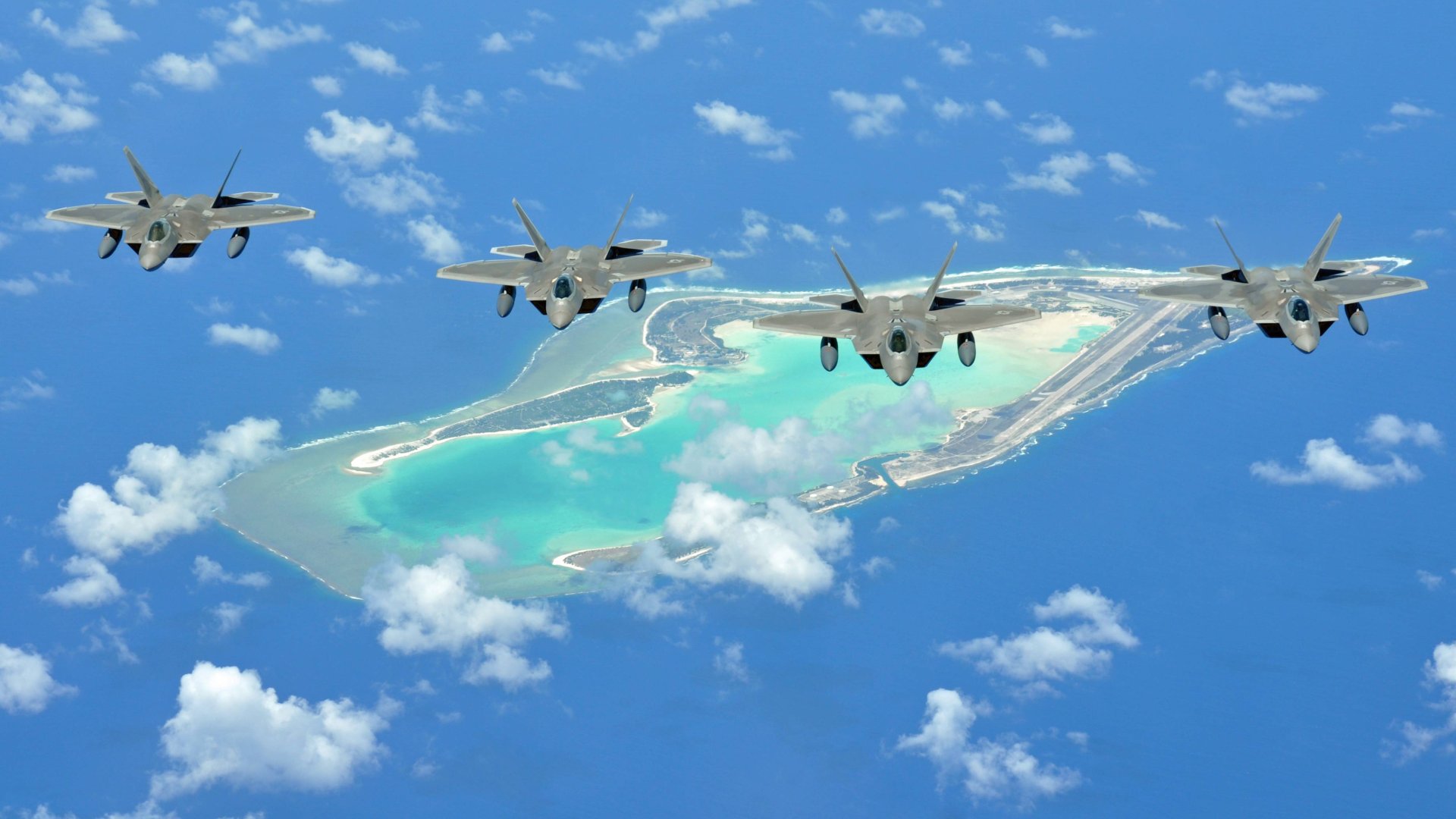 Download wallpaper sea, flight, island, fighter, multipurpose, F-22 ...