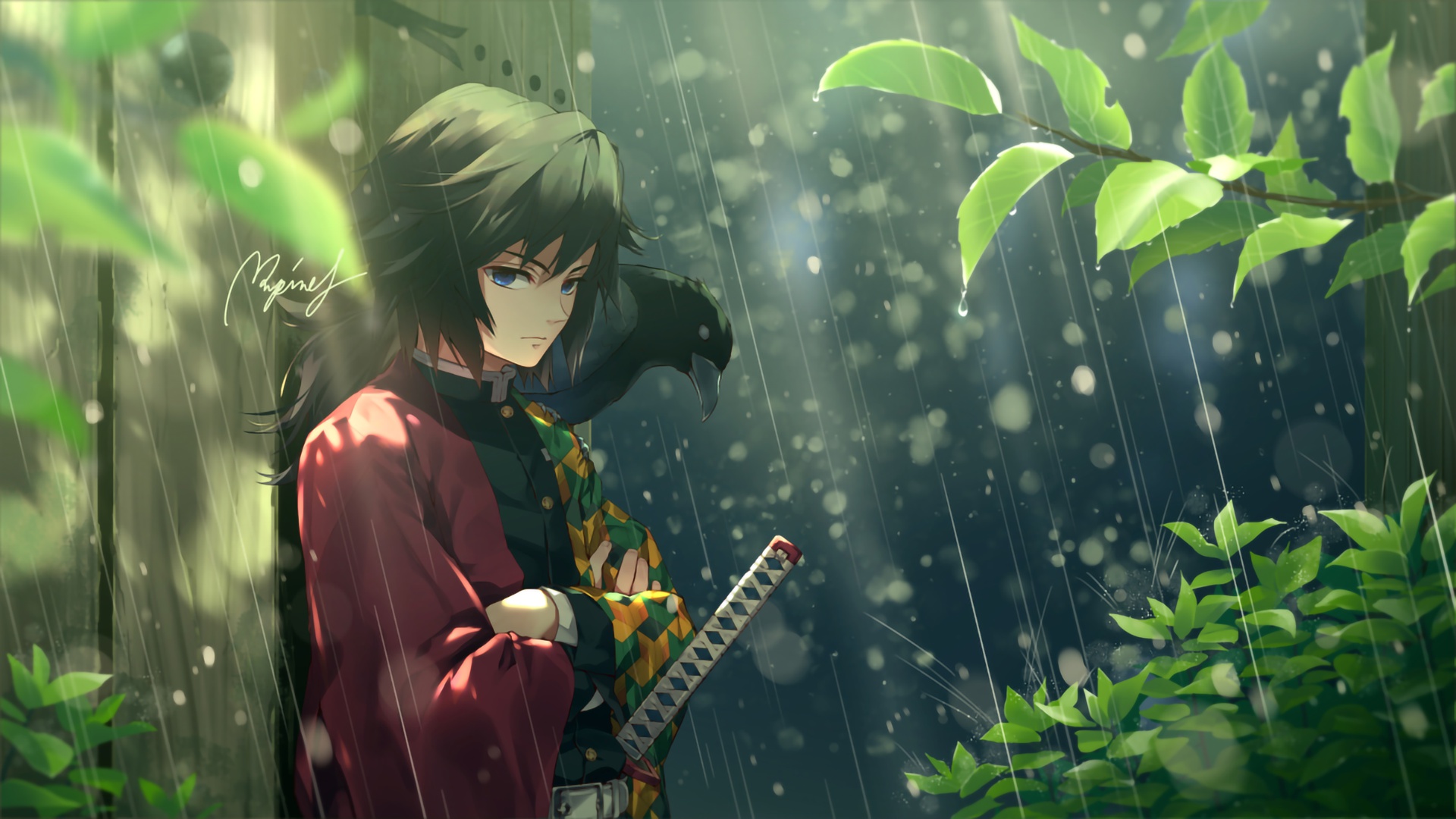 Download wallpaper rain, bird, guy, The Blade Cleaves Demons, Giyuu  Tomioka, section games in resolution 1920x1080