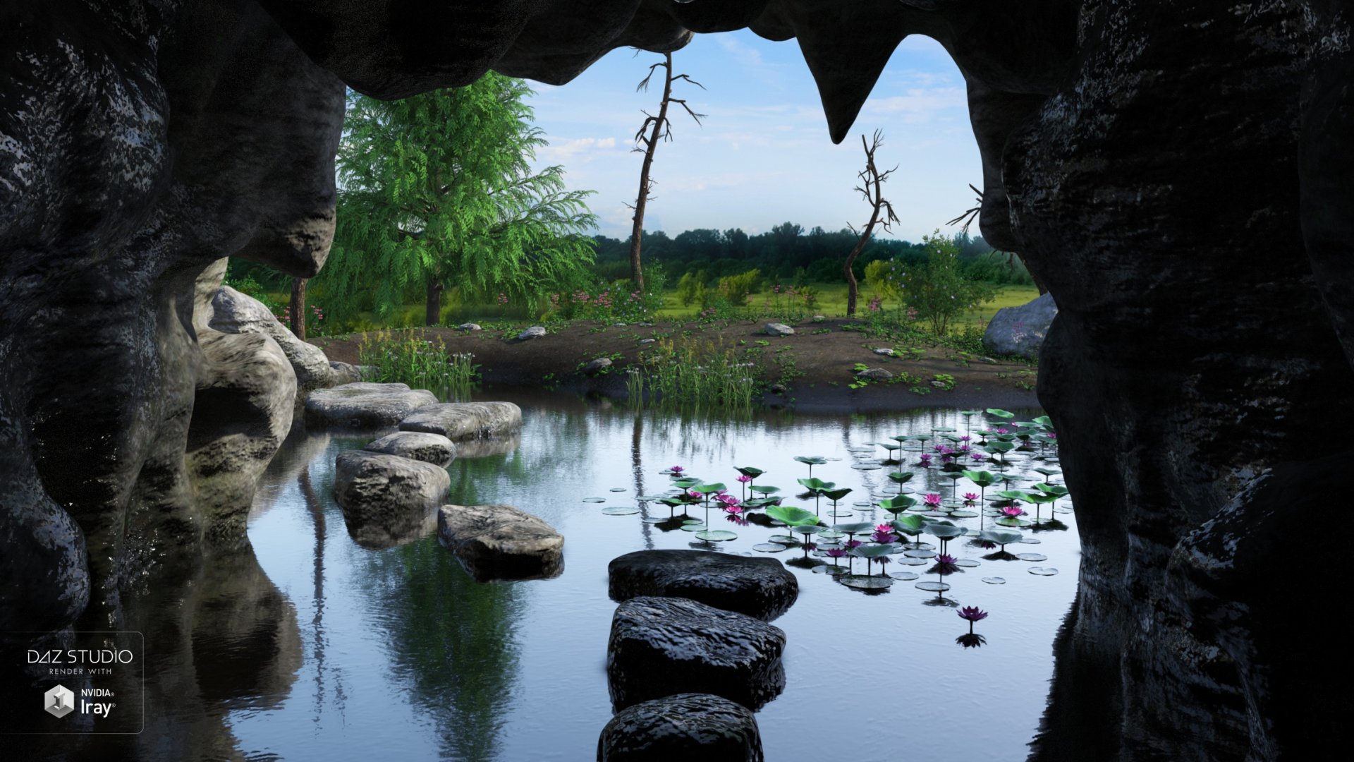 Grotto Background Download wallpaper stones, shore, cave, pond, Grotto, section rendering ...