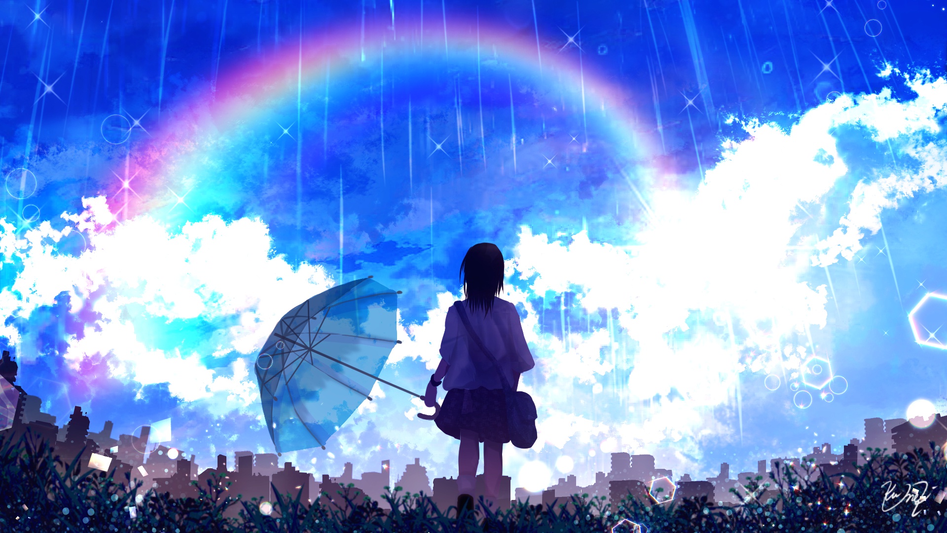 Download wallpaper the sky, girl, rain, rainbow, schoolgirl ...