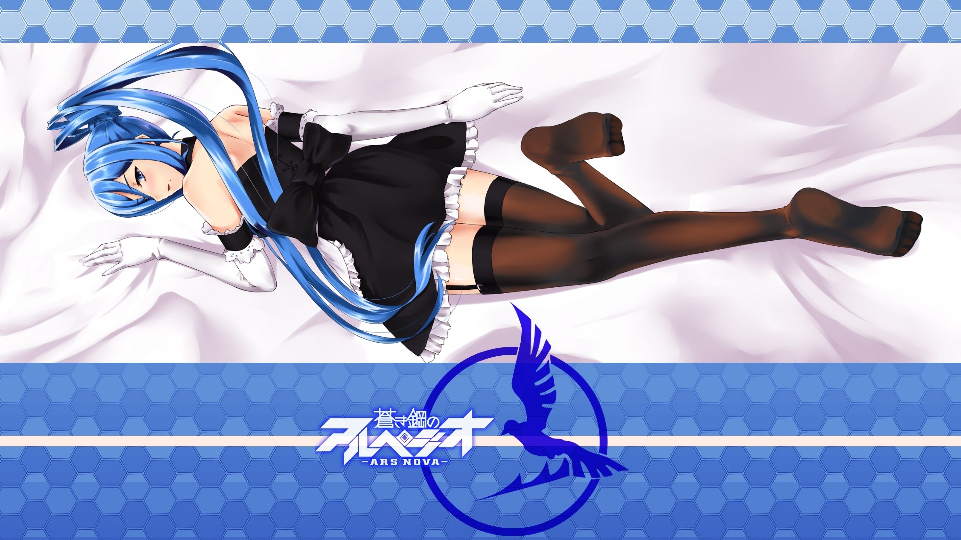 lies, emblem, bow, blue hair, the maid, black stockings, from the back, glo...