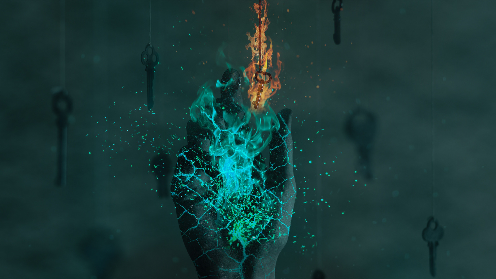 Download wallpaper fire, photoshop, hand, key, section rendering in