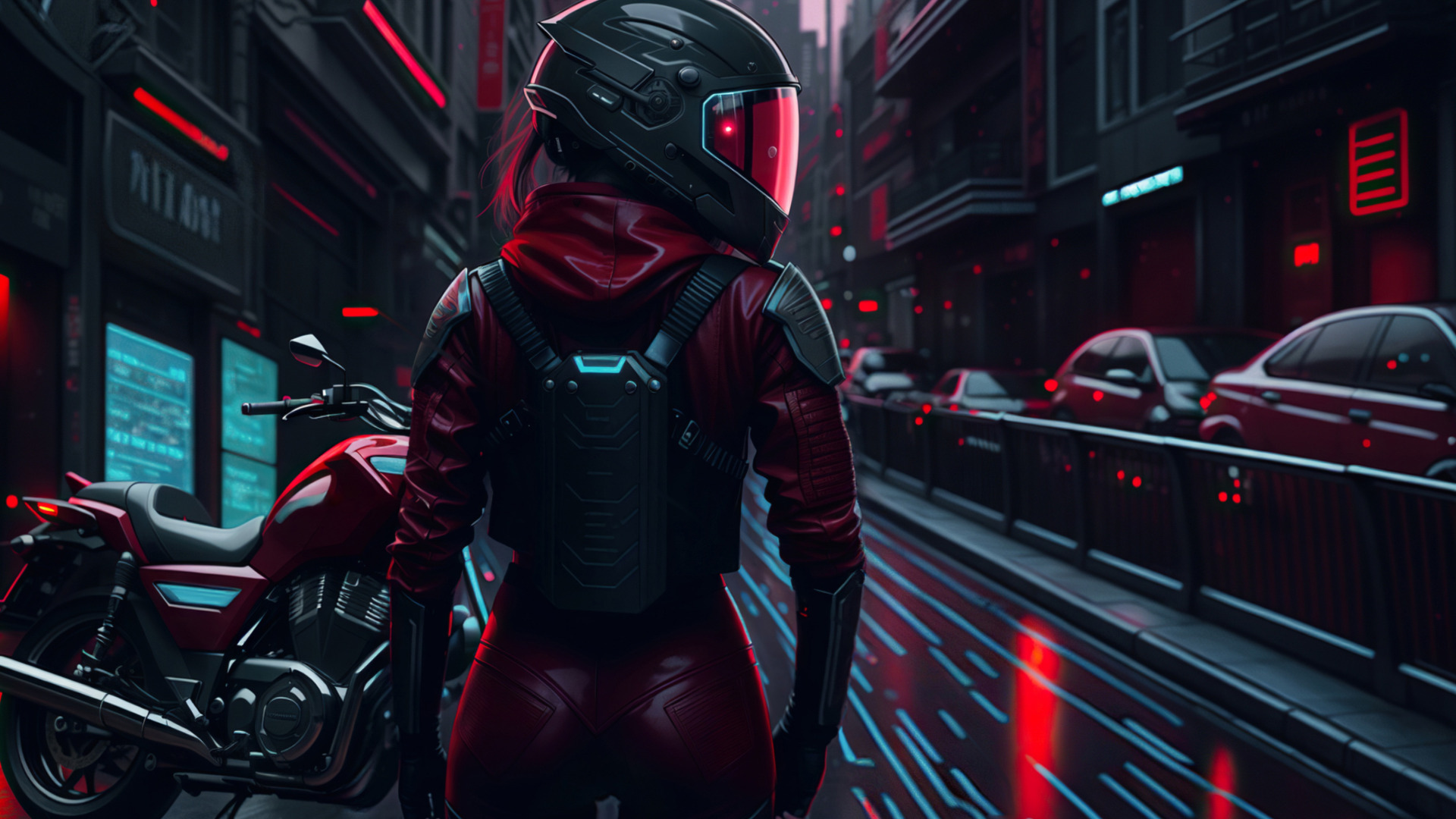 Download 1920 X 1080 Gaming Cyberpunk Woman With Motorcycle Wallpaper