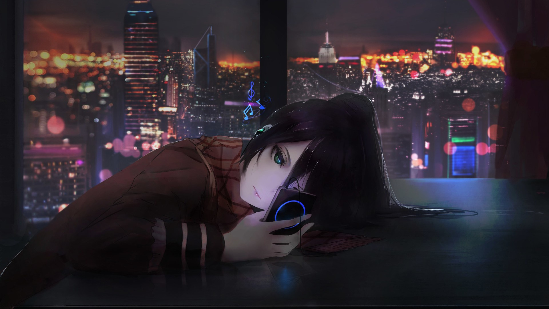 Download wallpaper Girl, City, Art, Music, Night, Room, Window, Shigure,  section art in resolution 1920x1080