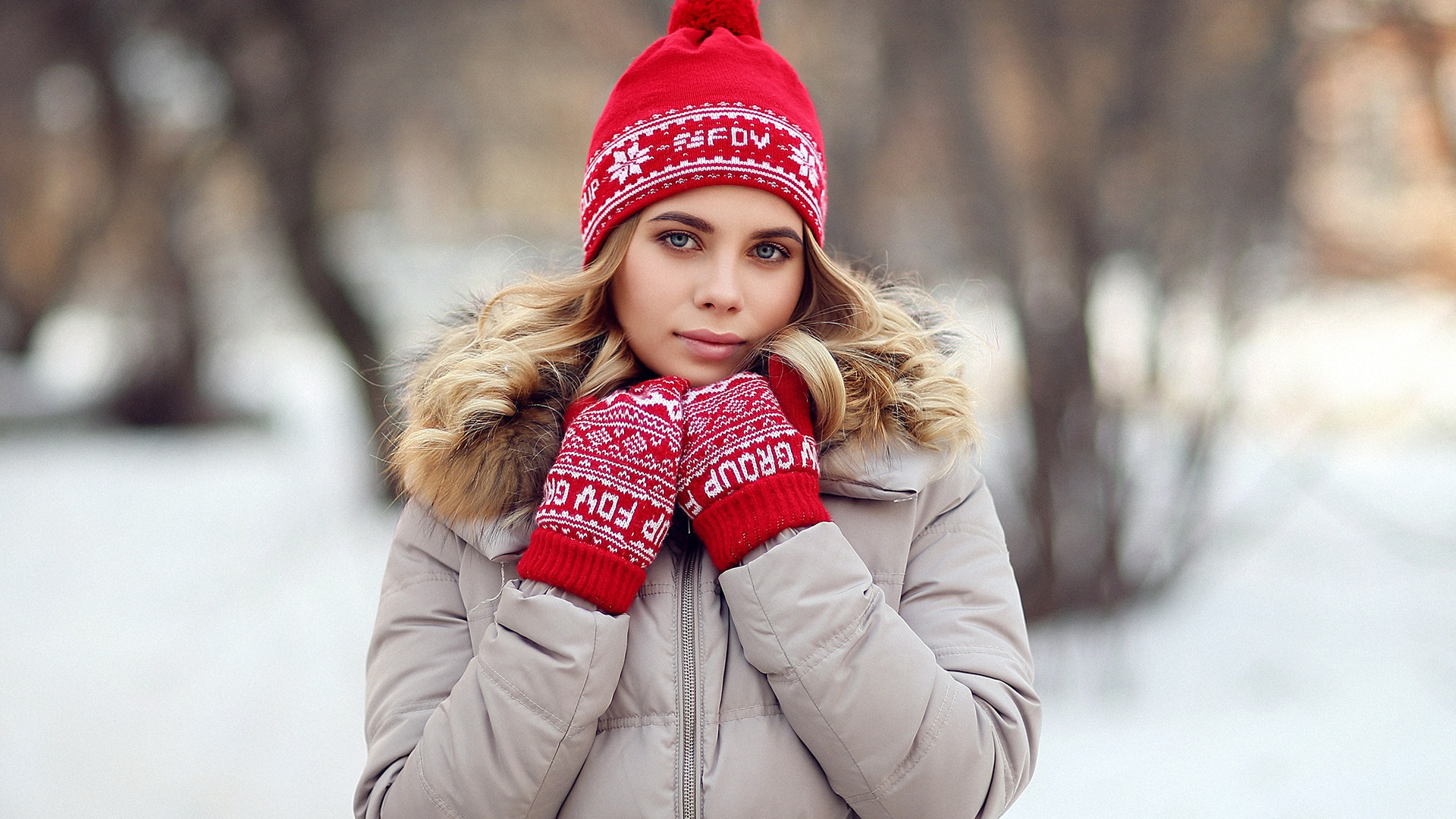 Download Wallpaper Winter Look Snow Trees Pose Background Model Hat Section Girls In