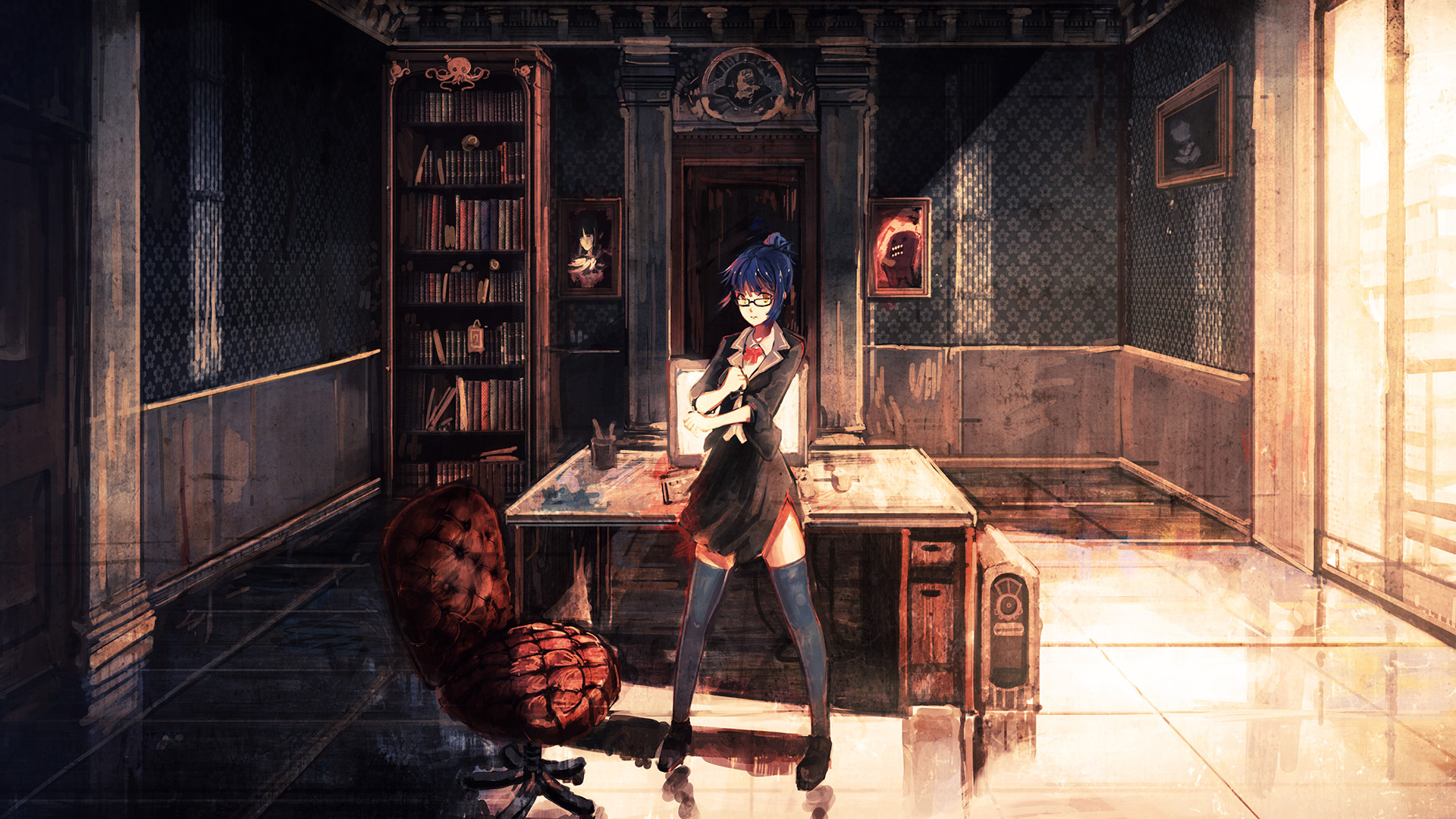 Wallpaper computer, girl, light, table, room, books, skull, anime for  mobile and desktop, section арт, resolution 1920x1080 - download