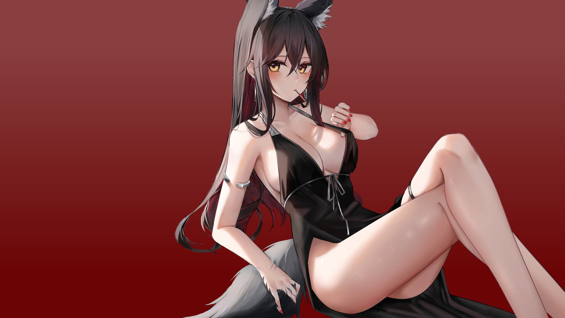 Download wallpaper girl, hot, sexy, cleavage, dress, anime, pretty, thighs,  section seinen in resolution 1920x1080