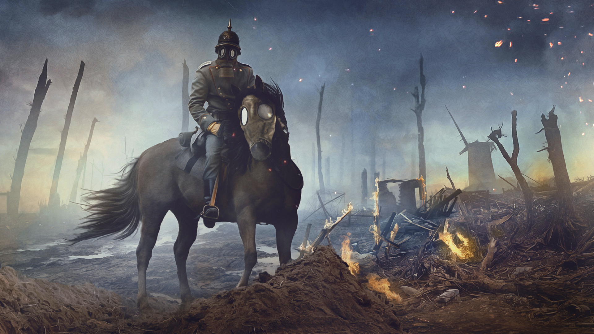 Download wallpaper Horse, Fire, Gas mask, WWI, Trooper, The first World ...