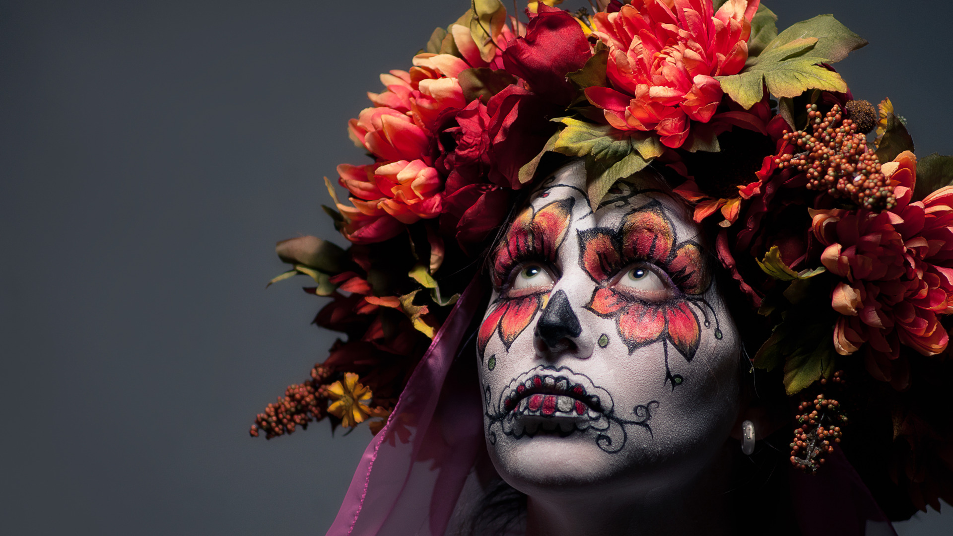 Download wallpaper girl, flowers, face, paint, day of the dead, day of