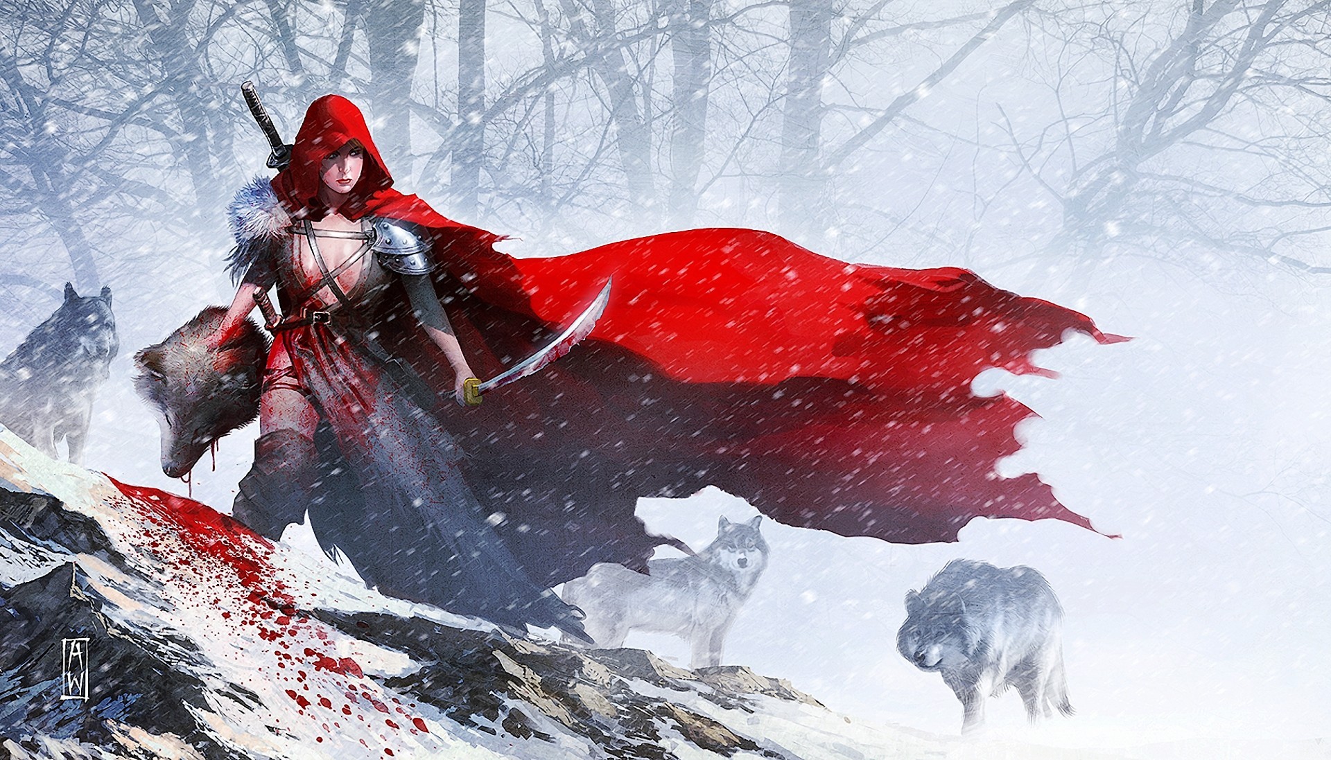 Wallpaper girl, snow, weapons, blood, sword, little red riding hood, head,  art for mobile and desktop, section фантастика, resolution 1920x1097 -  download