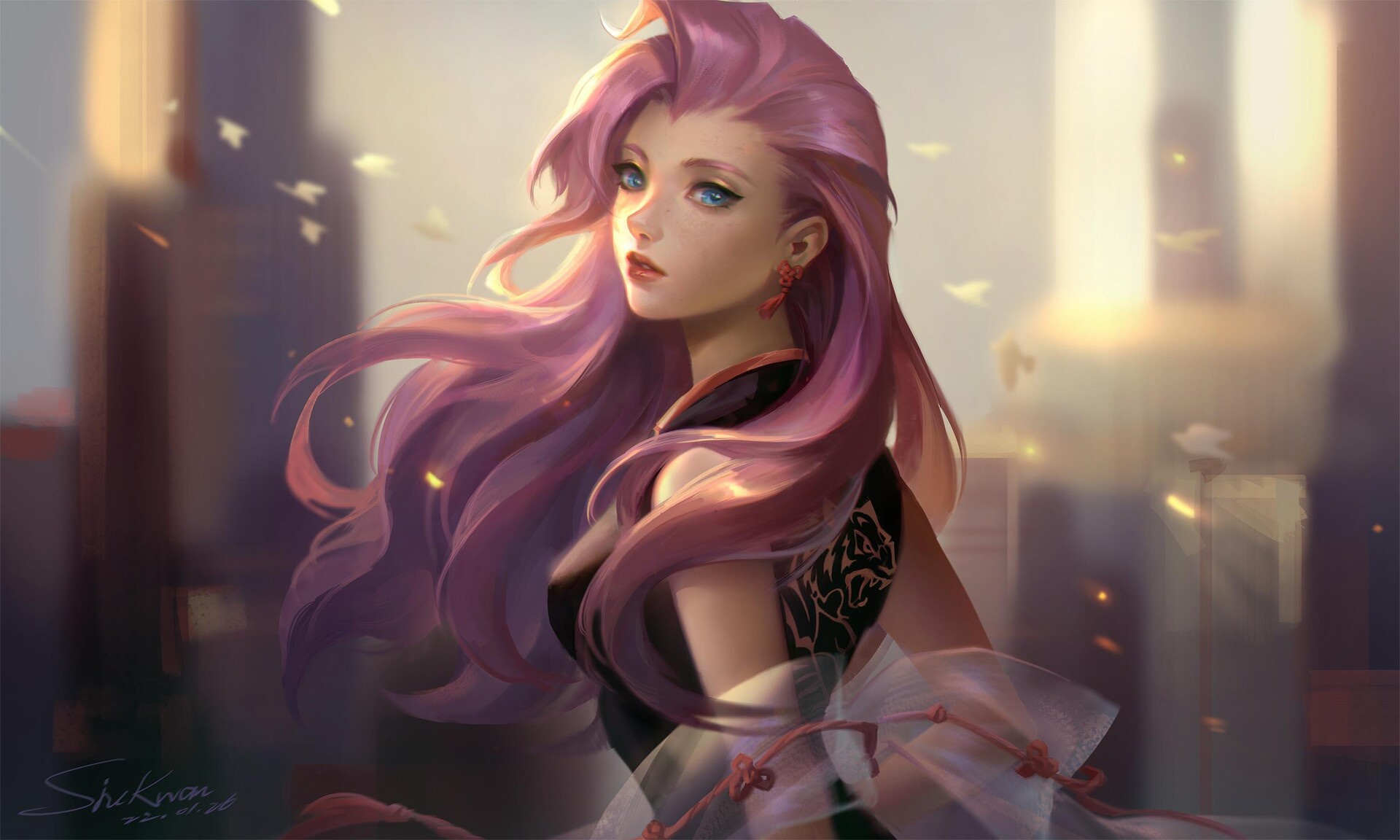 Wallpaper city, dress, blue eyes, women, League of Legends, digital art,  fan art, kimono for mobile and desktop, section игры, resolution 1920x1152  - download