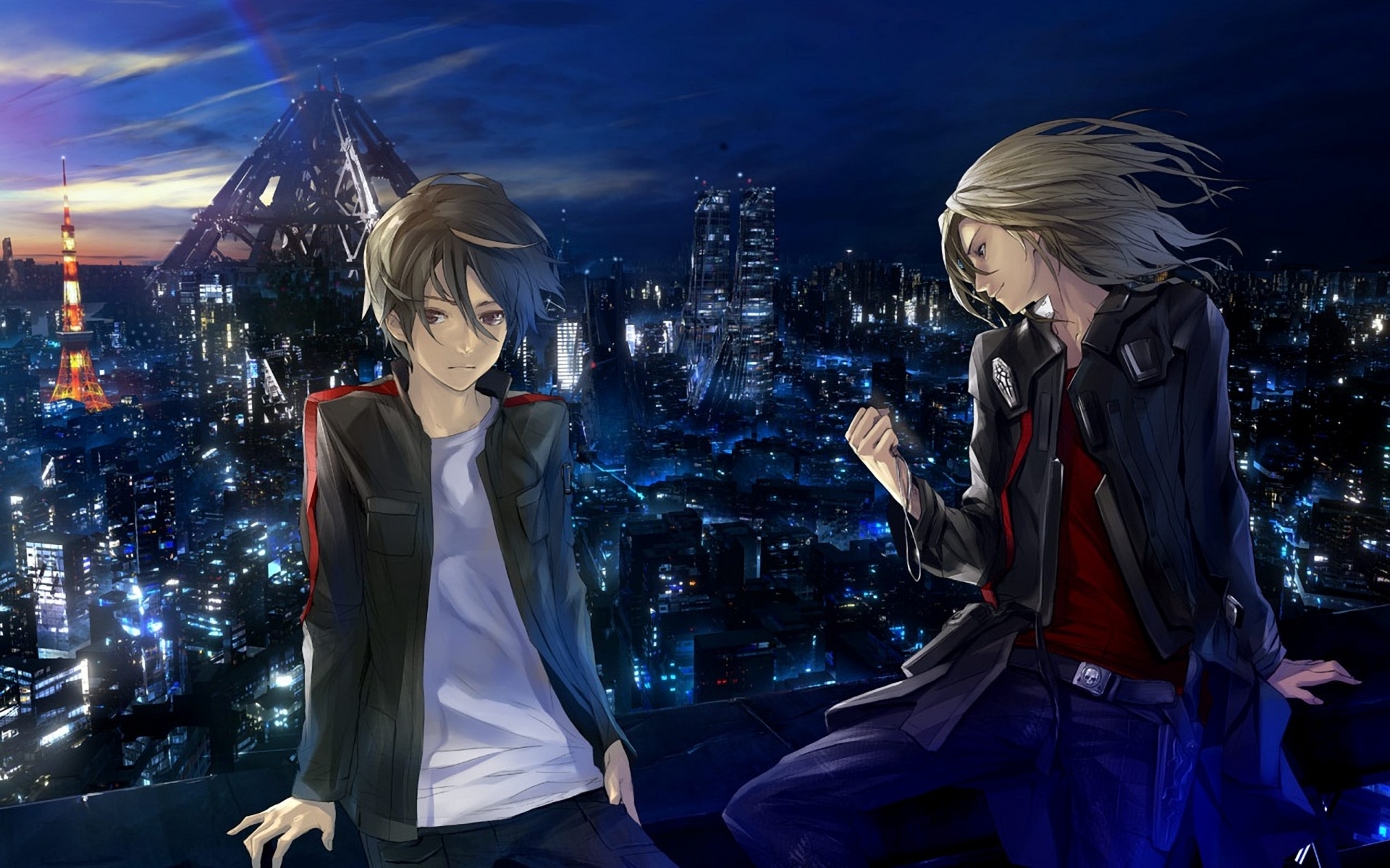 Wallpaper night, the city, lights, the wind, guys, guilty crown, tsutsugami  gai, ouma shu for mobile and desktop, section прочее, resolution 1920x1199  - download