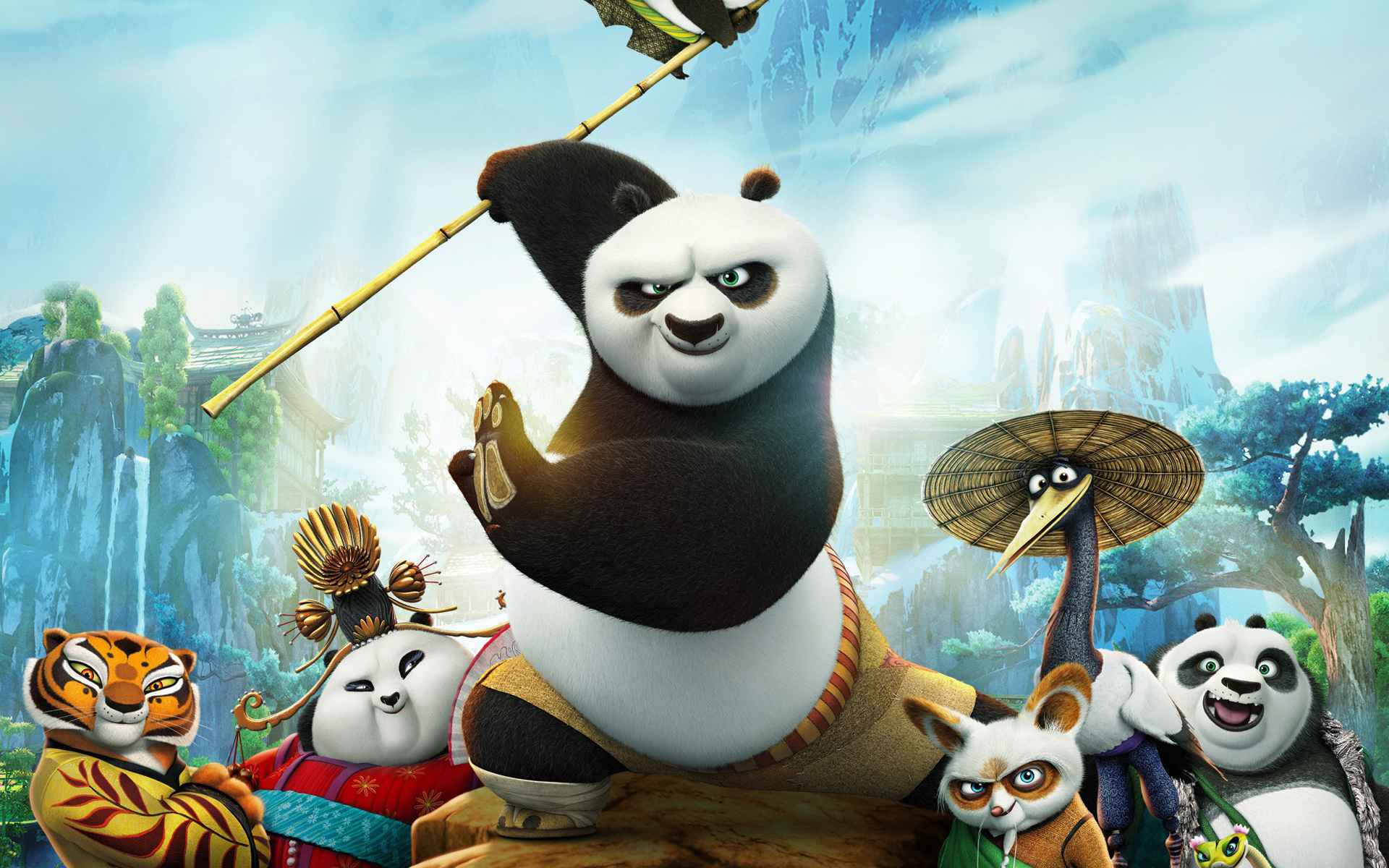 Download wallpaper mountains, cartoon, village, master, tigress, Panda,  characters, Kung Fu Panda 3, section films in resolution 1920x1200