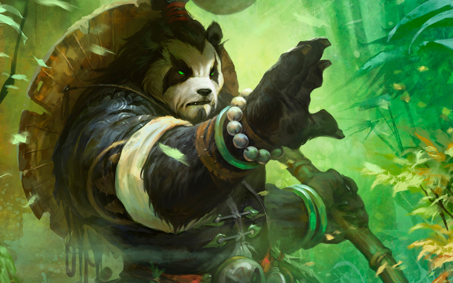 Wallpaper forest, art, Panda, staff, World of Warcraft, Mists of Pandaria  for mobile and desktop, section игры, resolution 1920x1200 - download