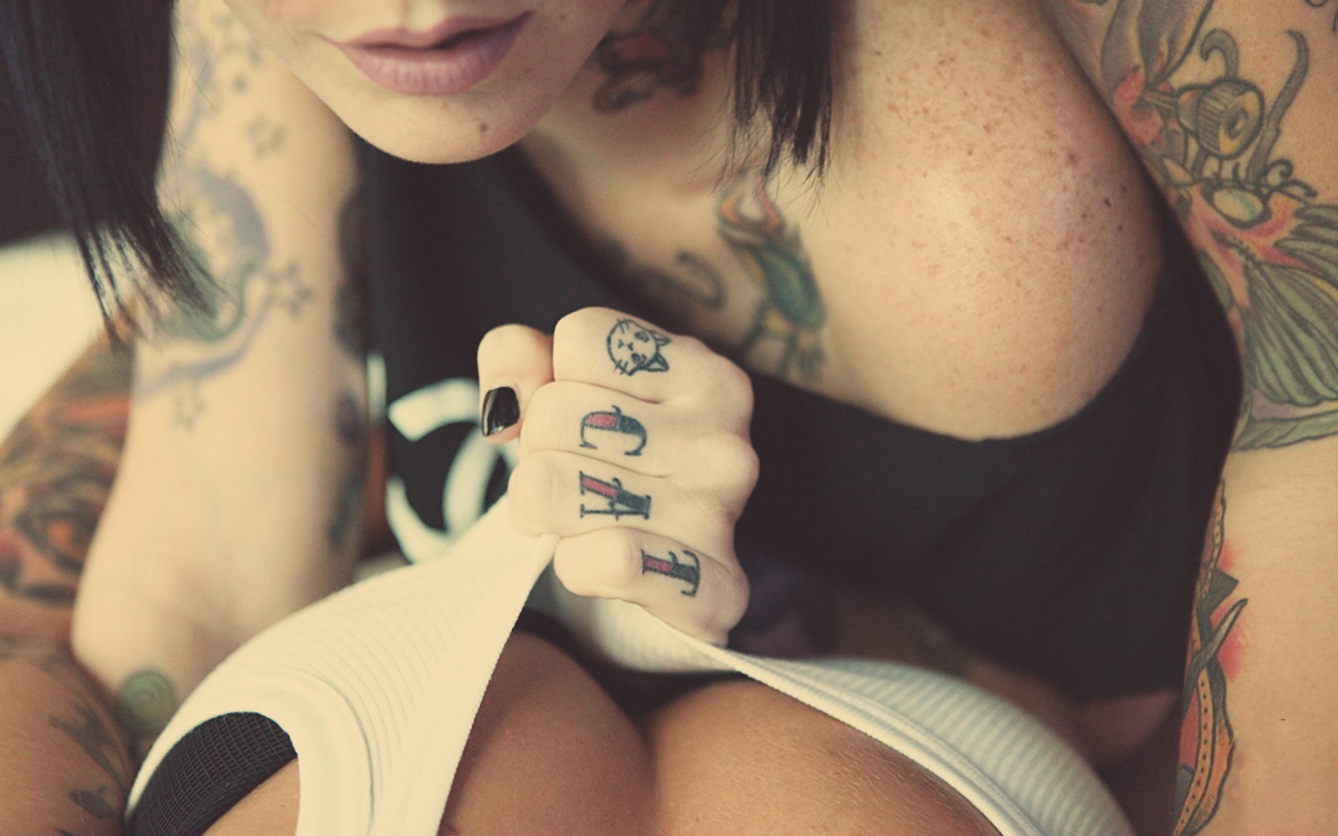 Wallpaper chest, girls, two, tattoo, lips, top for mobile and desktop,  section девушки, resolution 1920x1200 - download