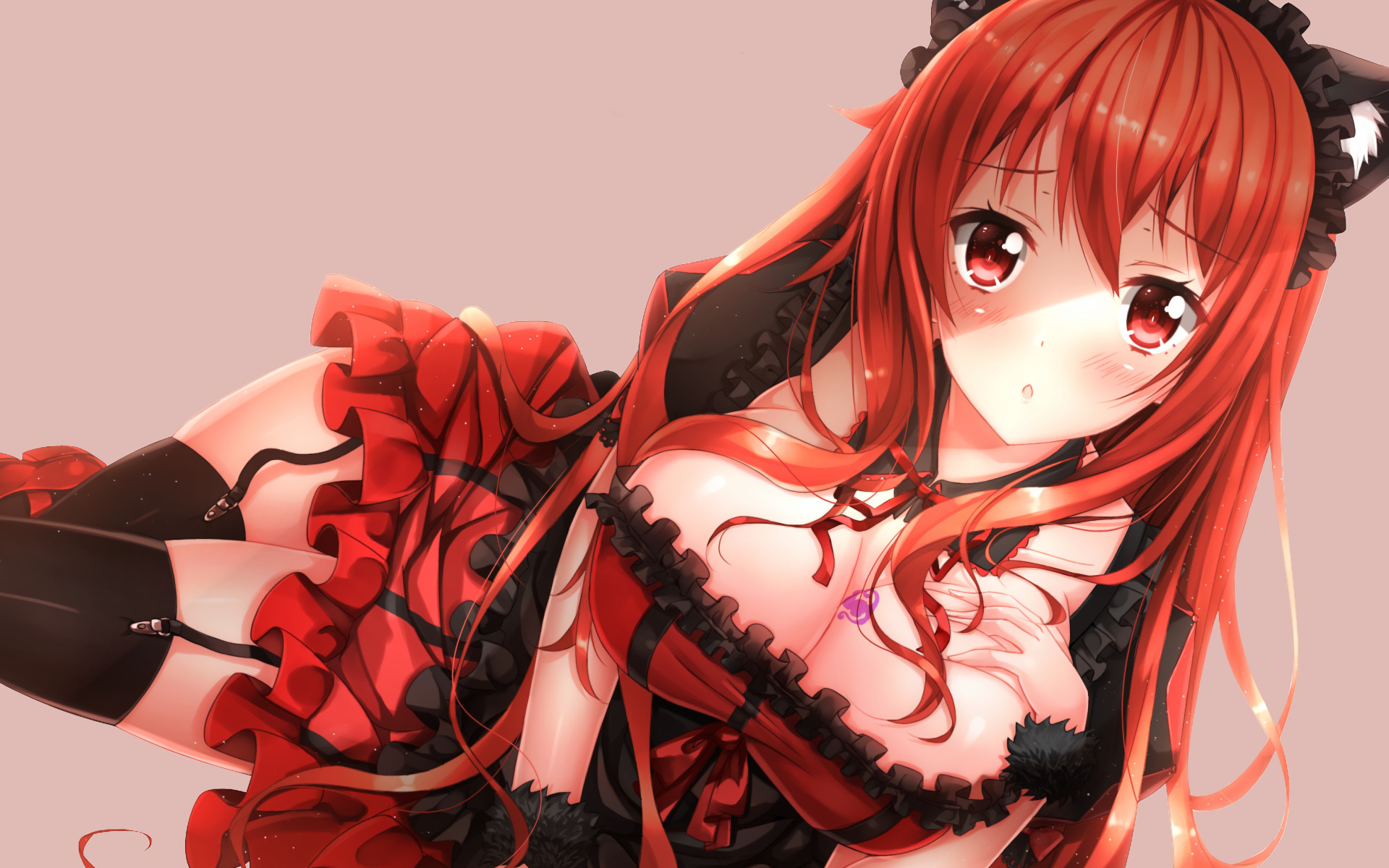 Download wallpaper girl, sexy, cleavage, thighhighs, red hair, long hair,  dress, boobs, section seinen in resolution 1920x1200