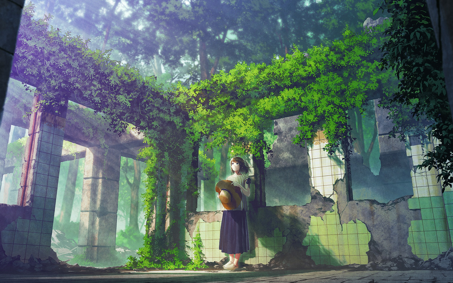 Download wallpaper girl, plants, ruins, section art in resolution 1920x1200