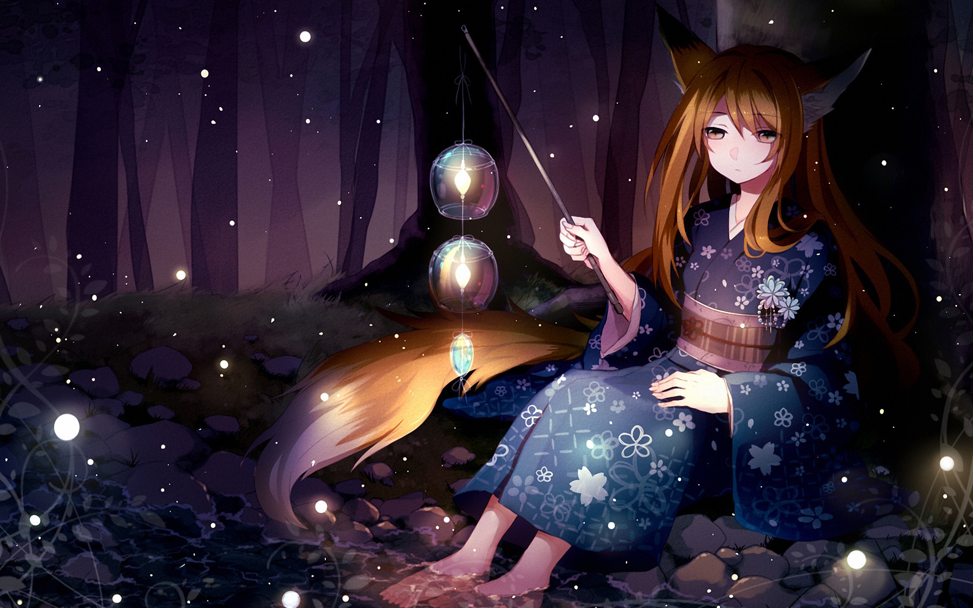 Download wallpaper forest, night, stream, art, lights, girl, hoshiya of  tsukino, section anime in resolution 1920x1200