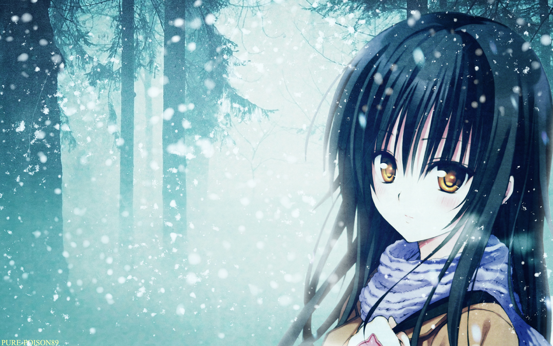 Wallpaper forest, snow, anime, scarf, girl, forest, snow, Kotegawa Yui for  mobile and desktop, section прочее, resolution 1920x1200 - download