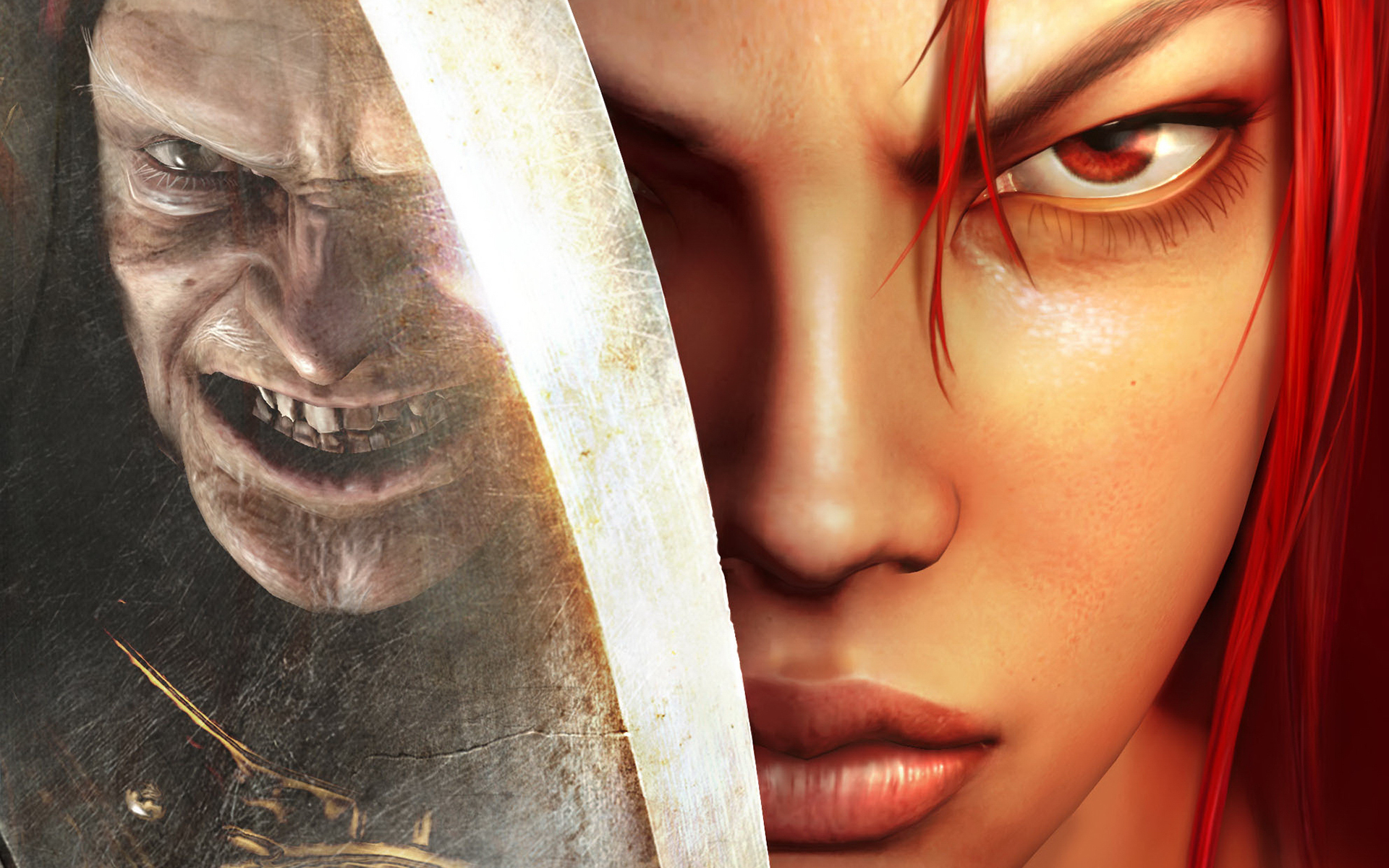 Download wallpaper look, reflection, teeth, blade, Heavenly Sword, lips