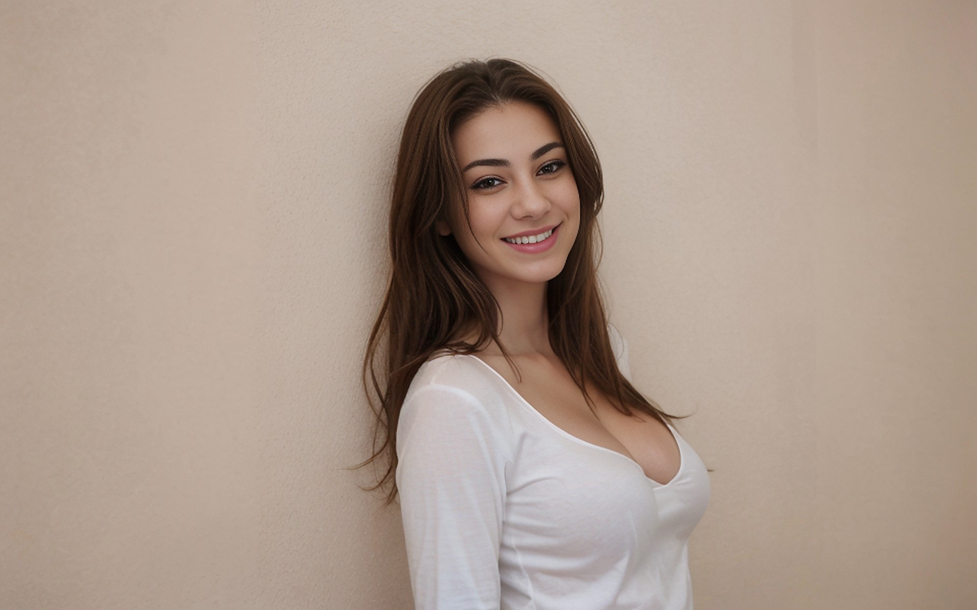 Wallpaper girl, cleavage, long hair, brown hair, smile, beautiful, white  shirt for mobile and desktop, section девушки, resolution 1920x1200 -  download