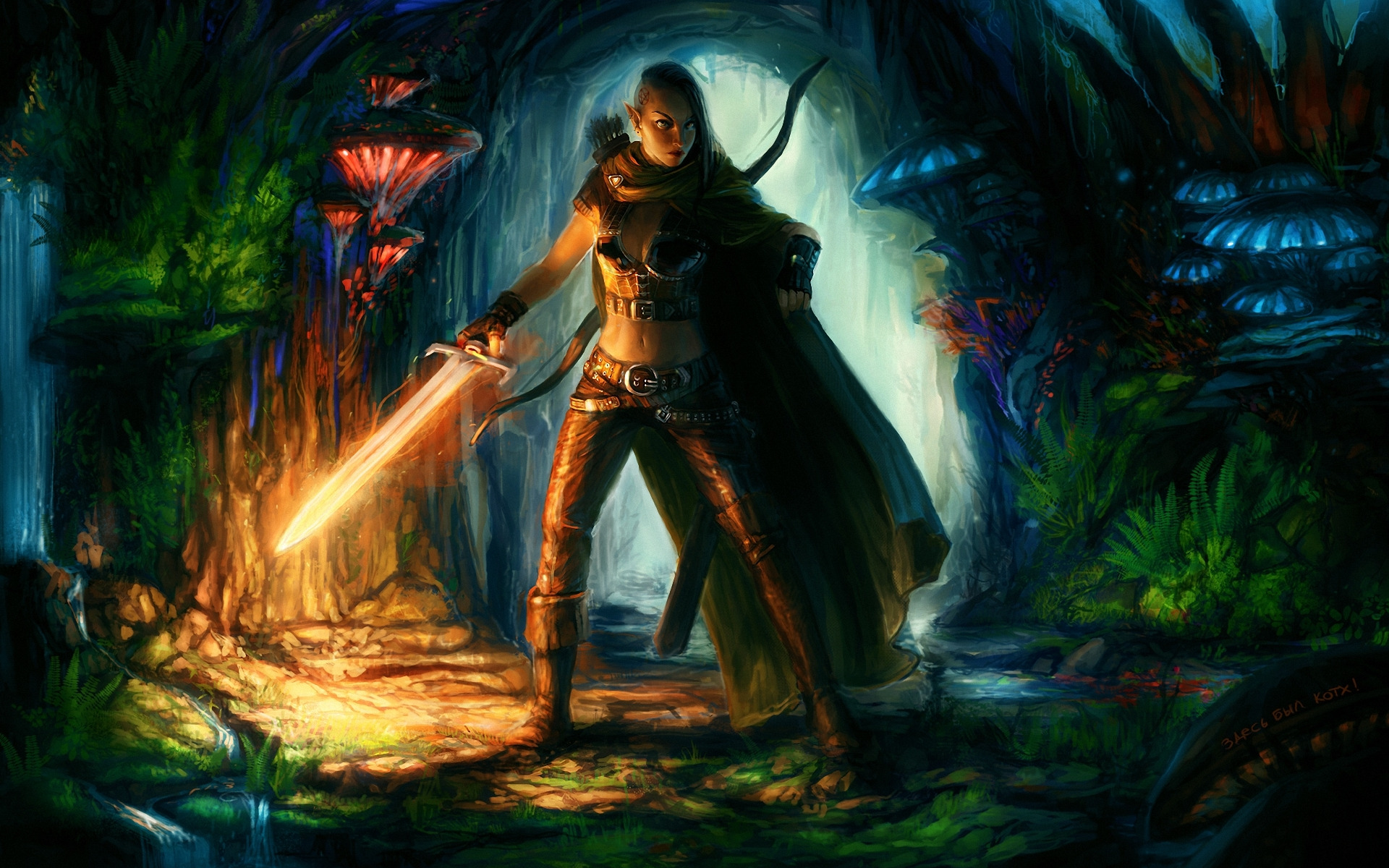 girl, mushrooms, sword, bow, art, cave, cloak, burning 