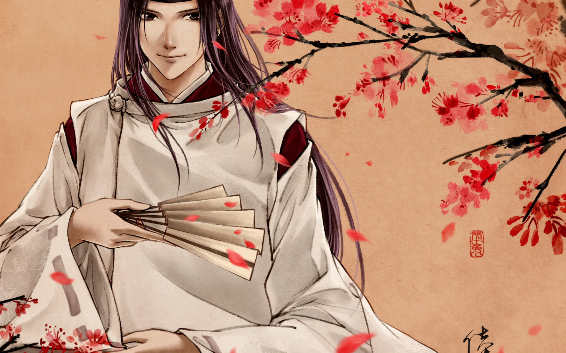 Download wallpaper flowers, smile, tree, spirit, fan, art, Anime, guy,  section shonen in resolution 1920x1200