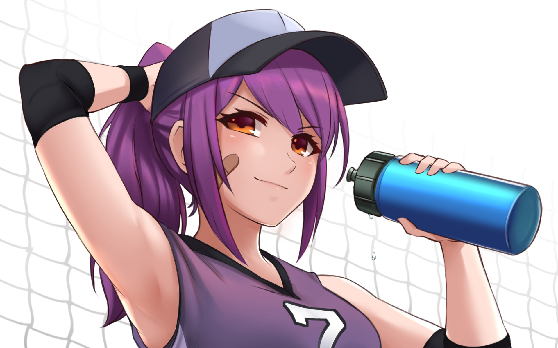 Download wallpaper Girl, anime, purple hair, net, bonnet, anime girl, water  bottle, original characters, section other in resolution 1920x1200