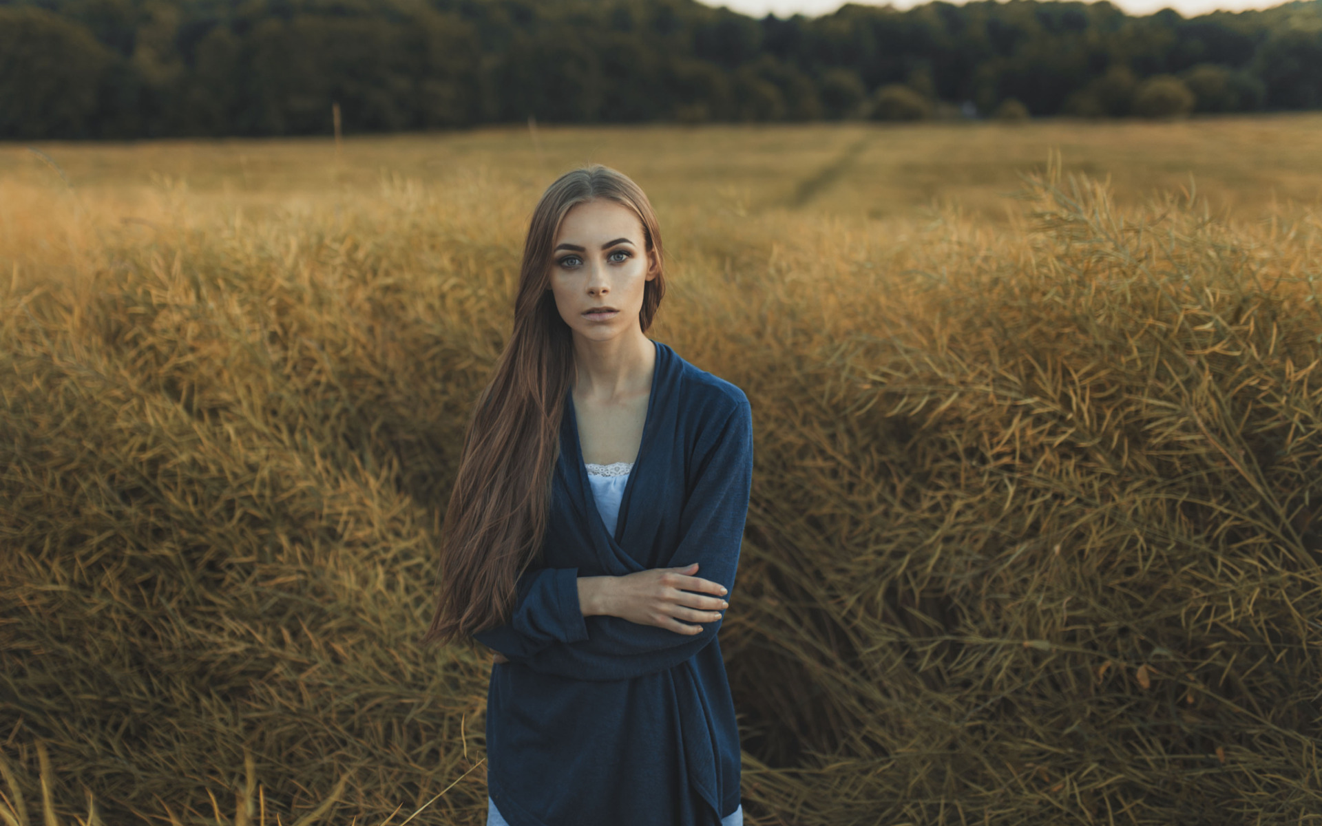 Download Wallpaper Field Forest Summer Grass Look Girl Pose