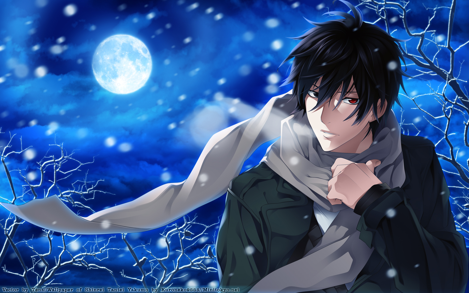 Wallpaper snow, night, the moon, anime, scarf, guy, Psychic Detective Yakumo  for mobile and desktop, section сёнэн, resolution 1920x1200 - download