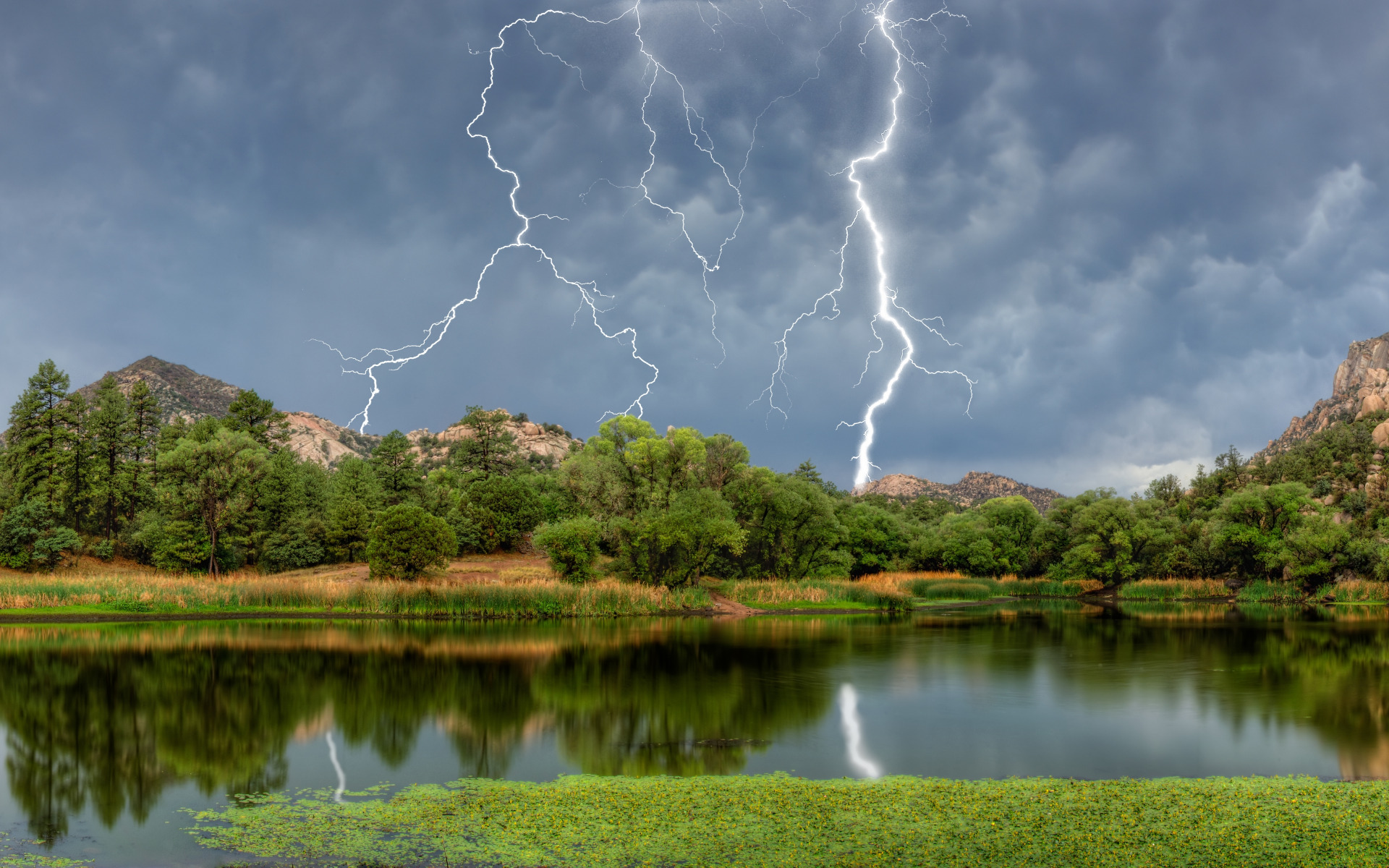 Download wallpaper forest, mountains, lake, lightning, AZ, Arizona ...