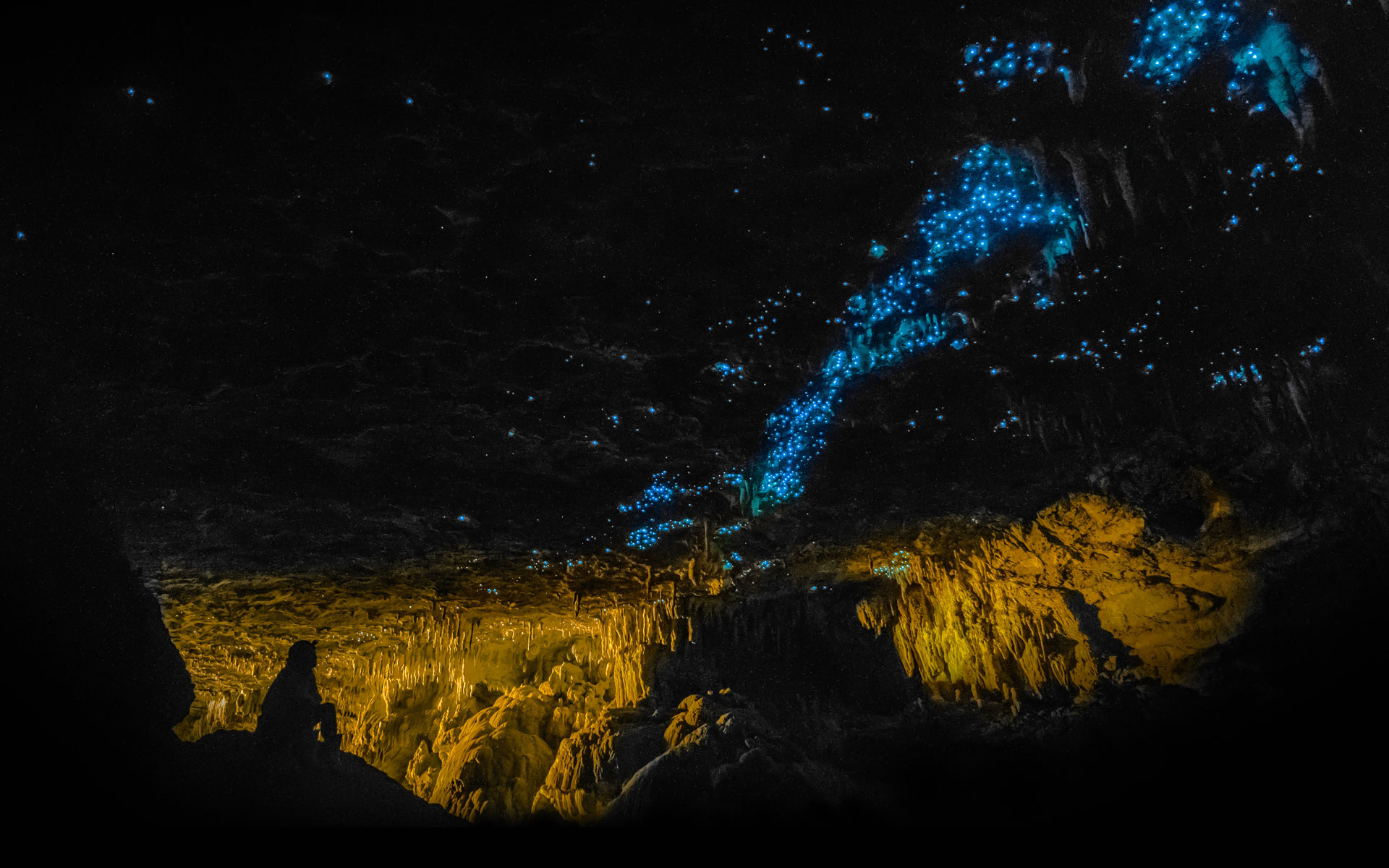 Wallpaper fireflies, New Zealand, cave, Waitomo Glowworm Caves for mobile and desktop, section природа, resolution 1920x1200 - download