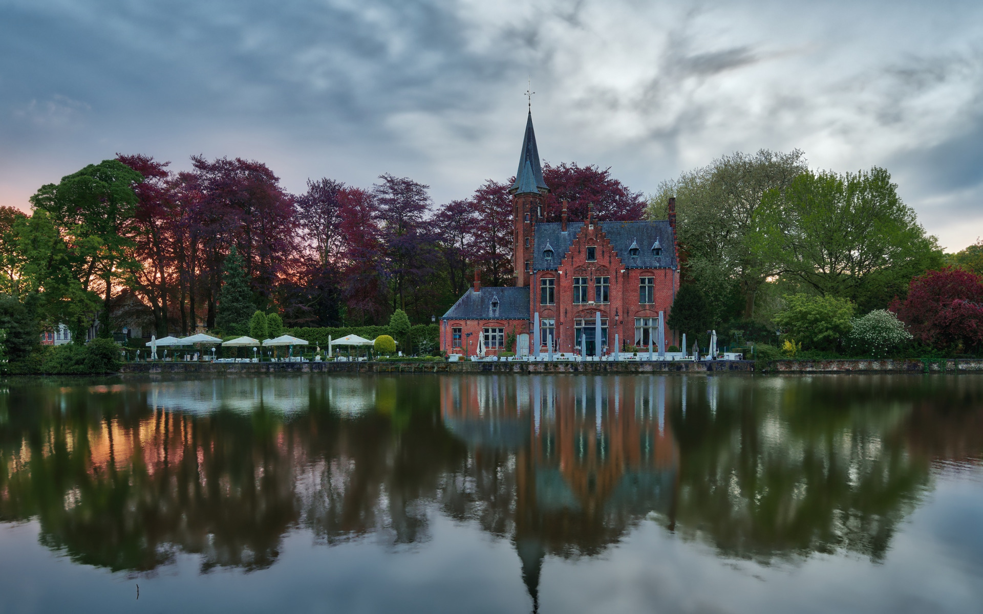 landscape, nature, the city, pond, reflection, the building, restaurant, Belgium