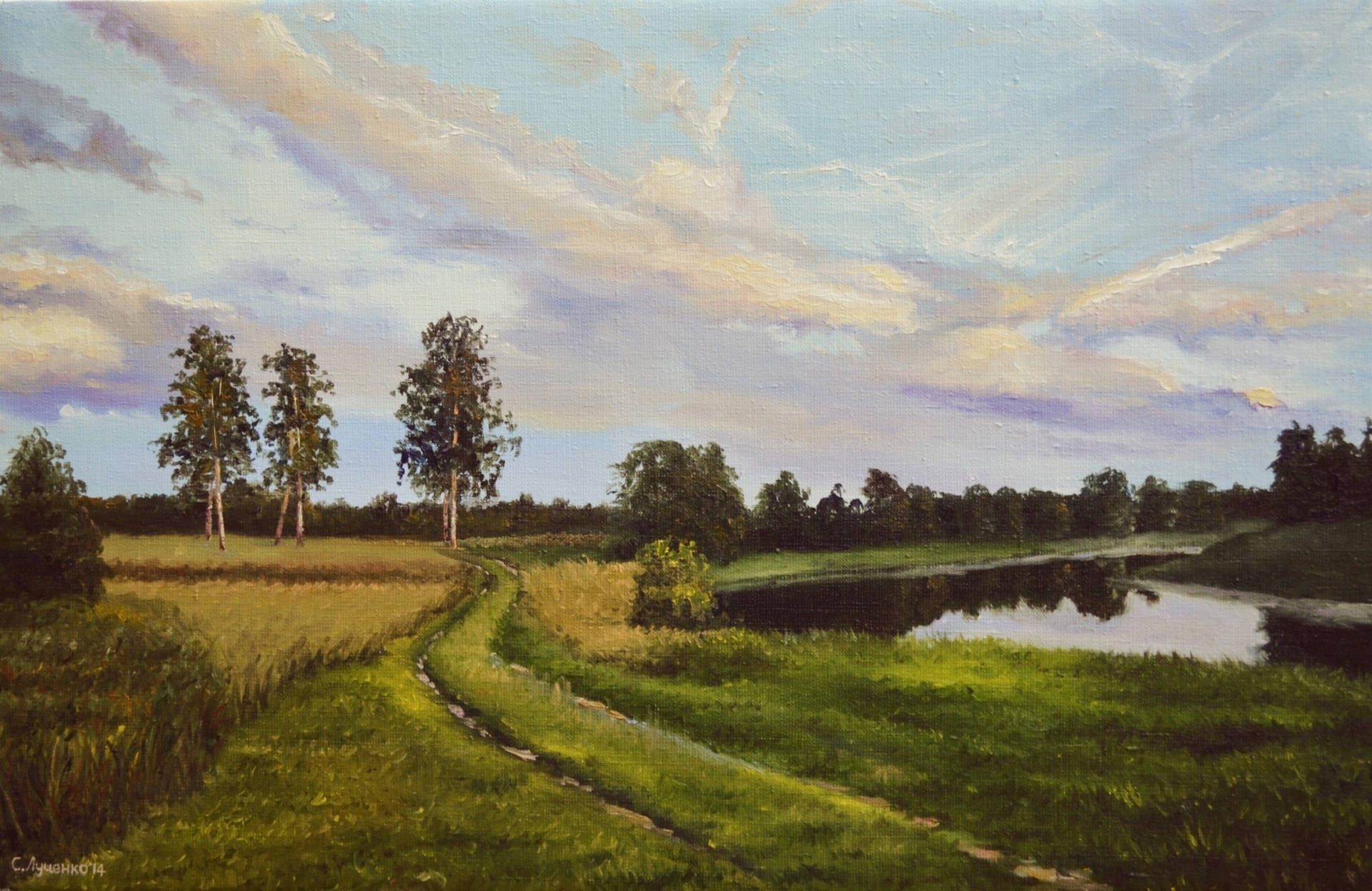 Как написать слово пейзаж. Картина Луценко Сергея у реки.