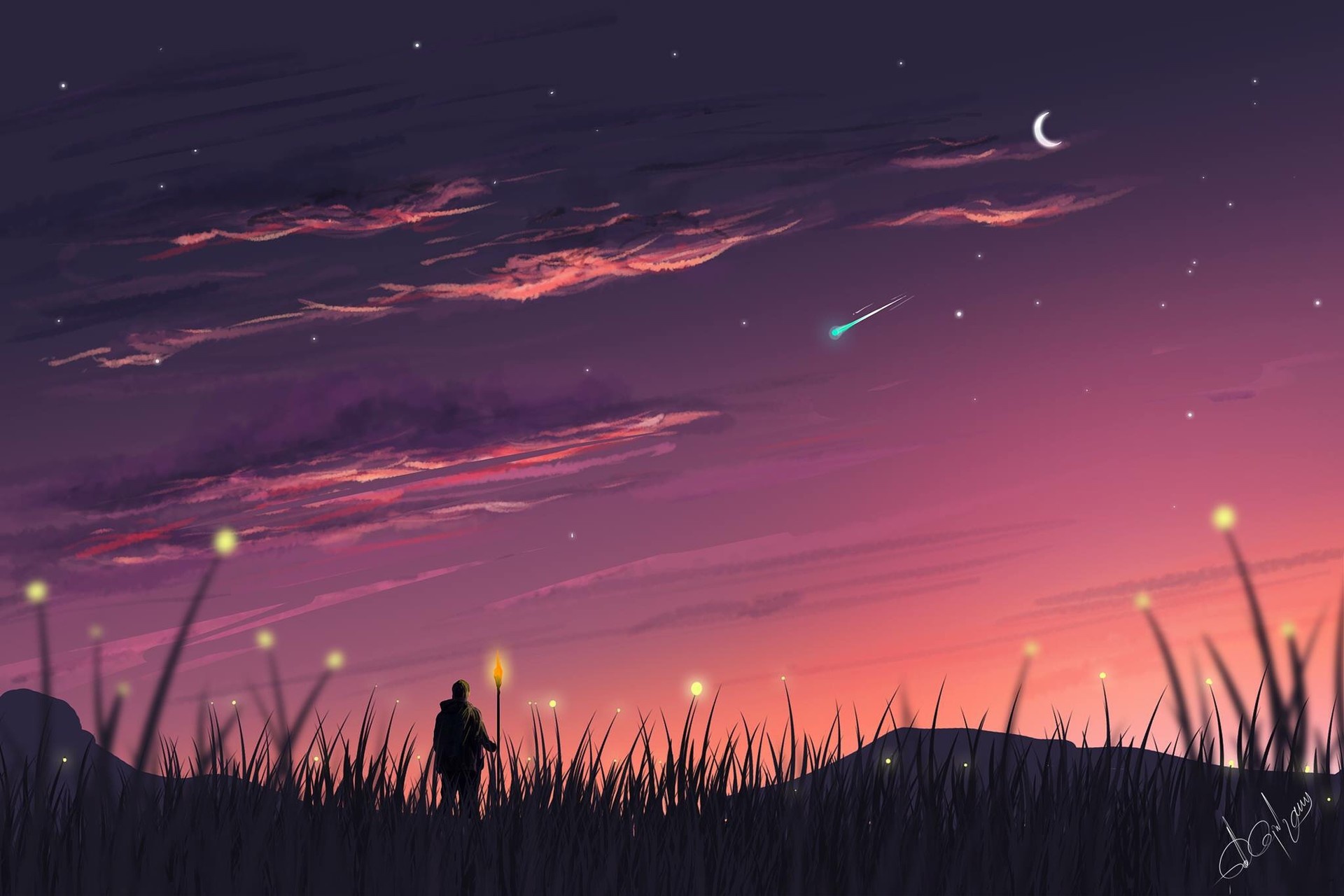 Когда в вечернем небе вдруг падает. Закат арт. Красивая ночь. Ночное небо арт.