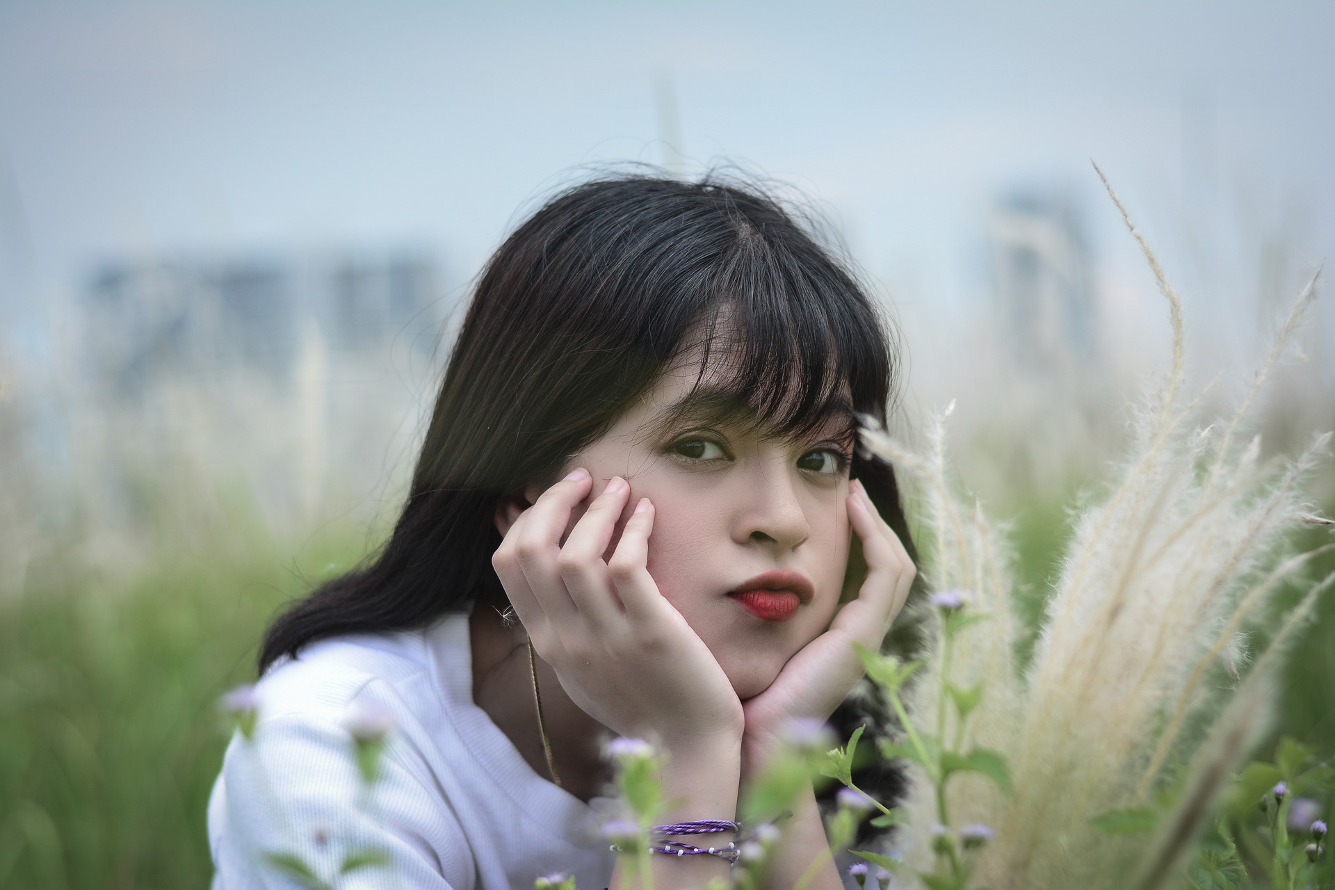 Download wallpaper grass, grass, Asian, blurred background, asian, cute girl,  cute girl, blurry background, section girls in resolution 1920x1280