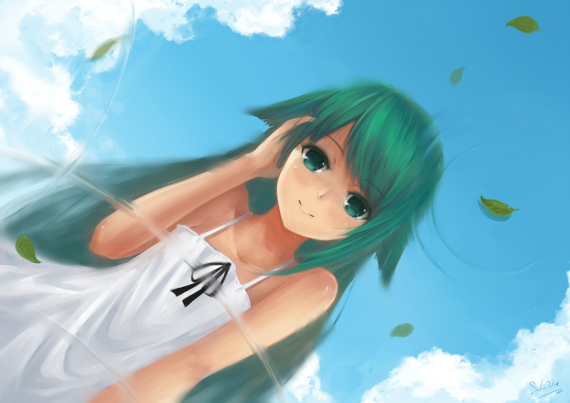 Wallpaper leaves, water, girl, clouds, circles, reflection, figure, saya no  uta for mobile and desktop, section сёдзё, resolution 1920x1357 - download