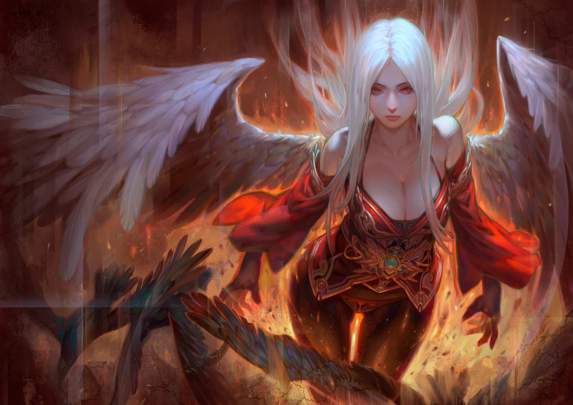 Download Wallpaper Girl, Fiction, Fire, Wings, Angel, Red Eyes.